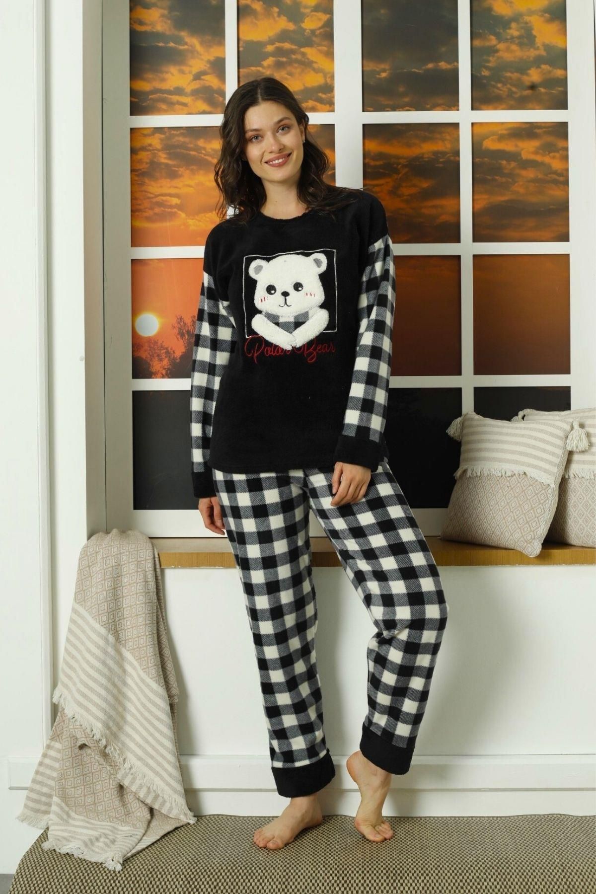 Mossta Ekoseli Kol Ve Paça Detaylı Polar Pijama Takımı Siyah