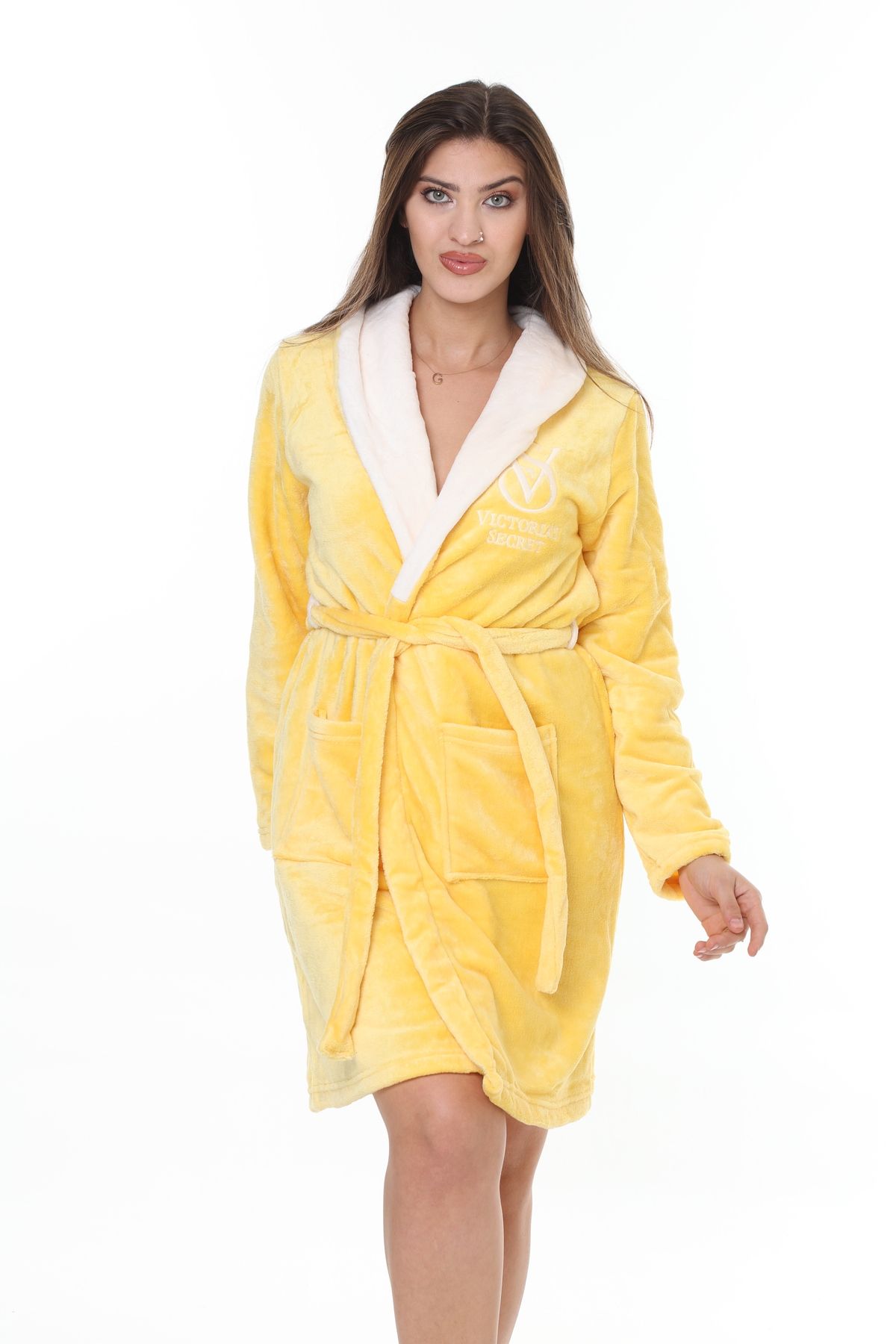 mervemoda Kadın Sarı ultra soft Şal yakalı rahat kalıp yüksek kalite sabahlık