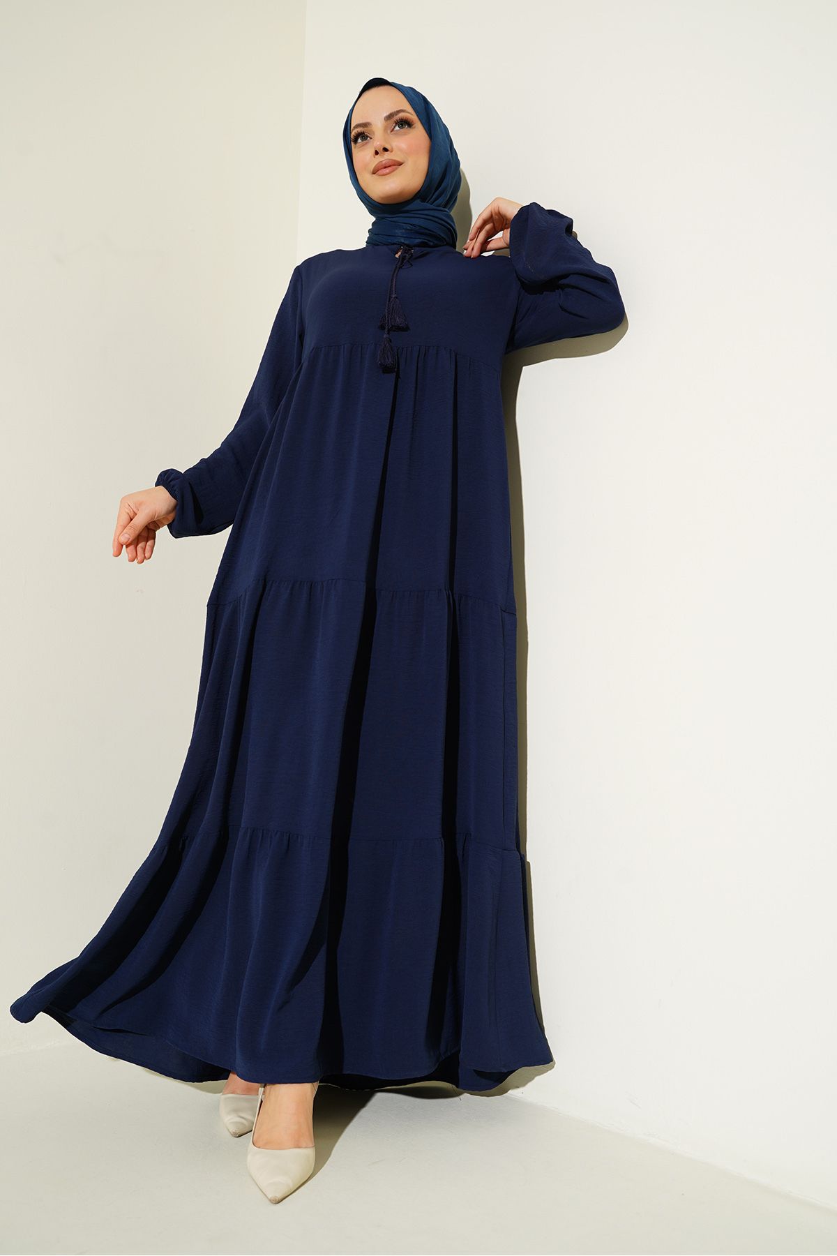Bigdart Yaka Bağcıklı Tesettür Elbise - C.Lacivert