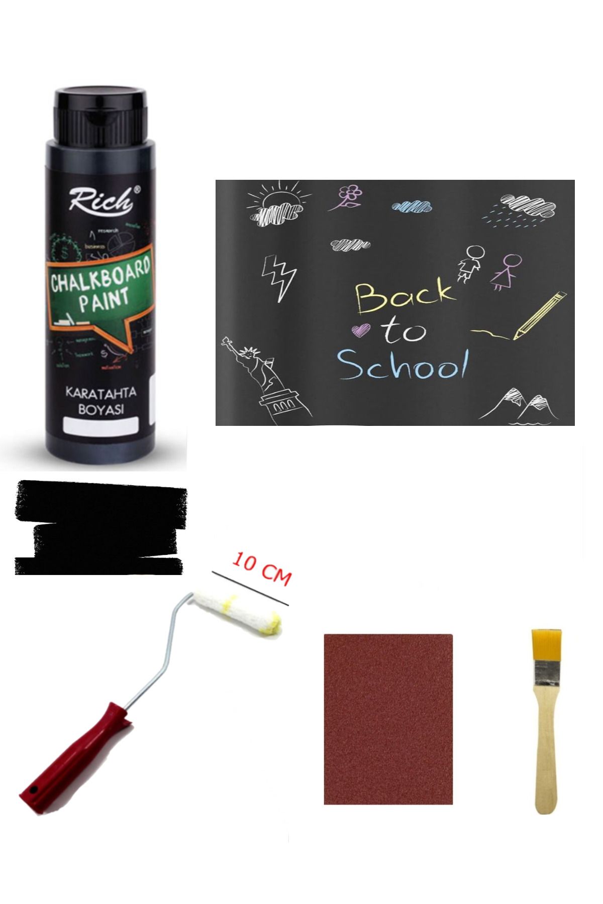 GLANCE Rich Chalkboard Kara Tahta Boyası 500 Cc Siyah Rulo Zımpara Fırça Set
