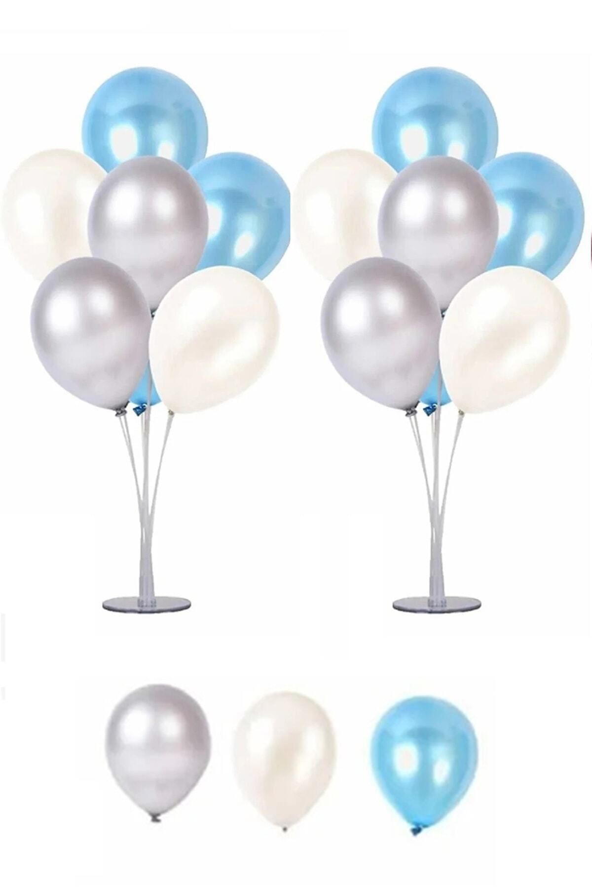 Parti Dolabı 2 Adet 7'li Balon Standı Ve 14 Adet Gümüş -mavi - Beyaz Metalik Balon Set