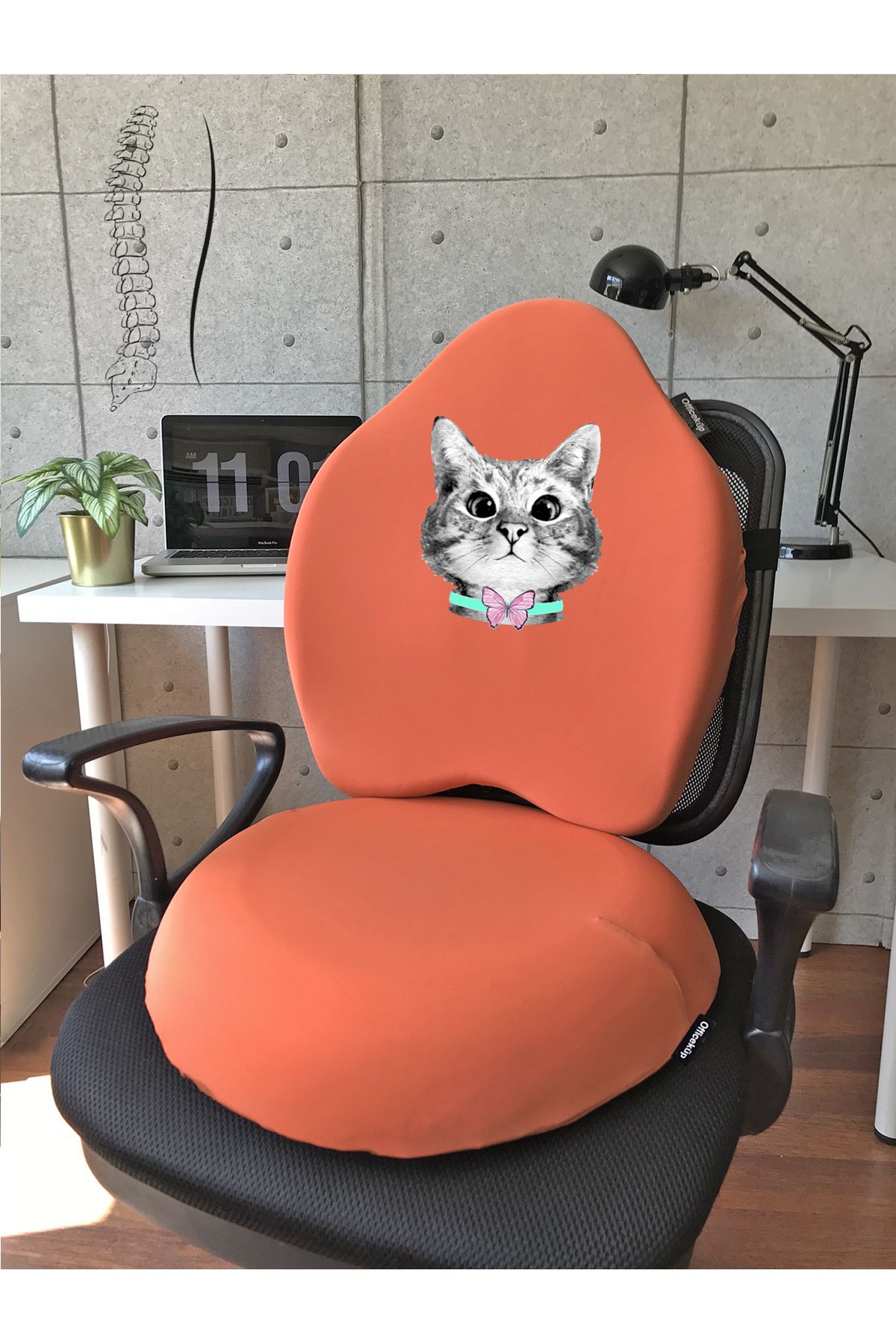 Officeküp Visco Gamer Oyuncu Bel Yastığı ve Yuvarlak Oturma Minderi 2'li Set Turuncu kedi