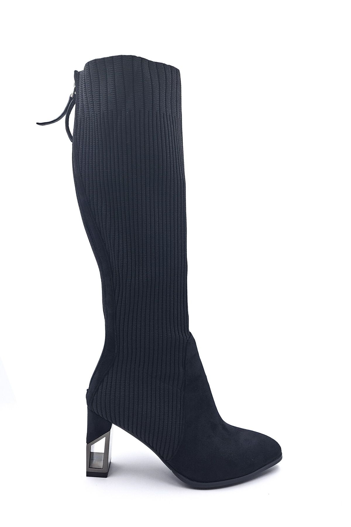 Guja Arkadan Fermuarlı Topuklu Kadın Triko ve Süet Siyah Çorap Çizme