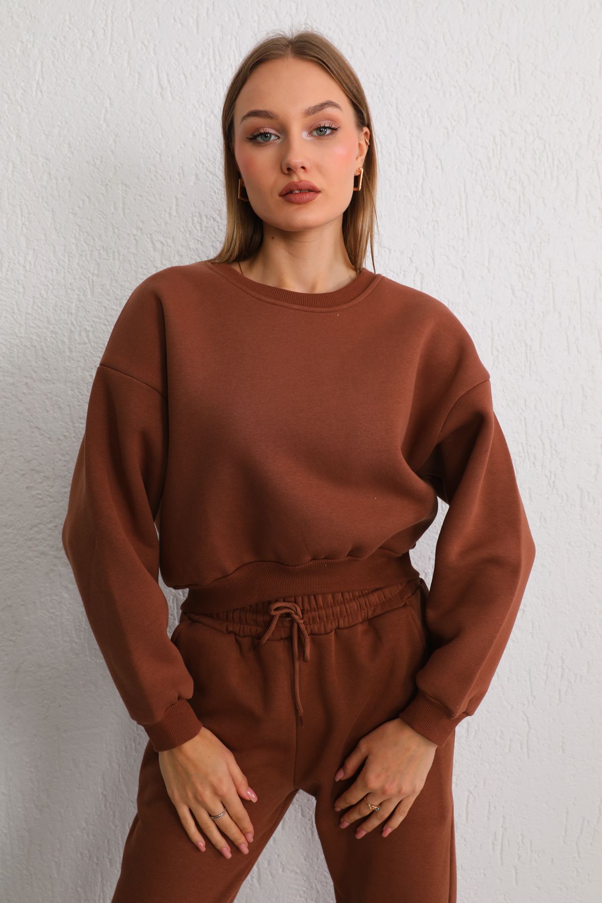 BİKELİFE Kadın Kahverengi Oversize Crop Sweatshirt