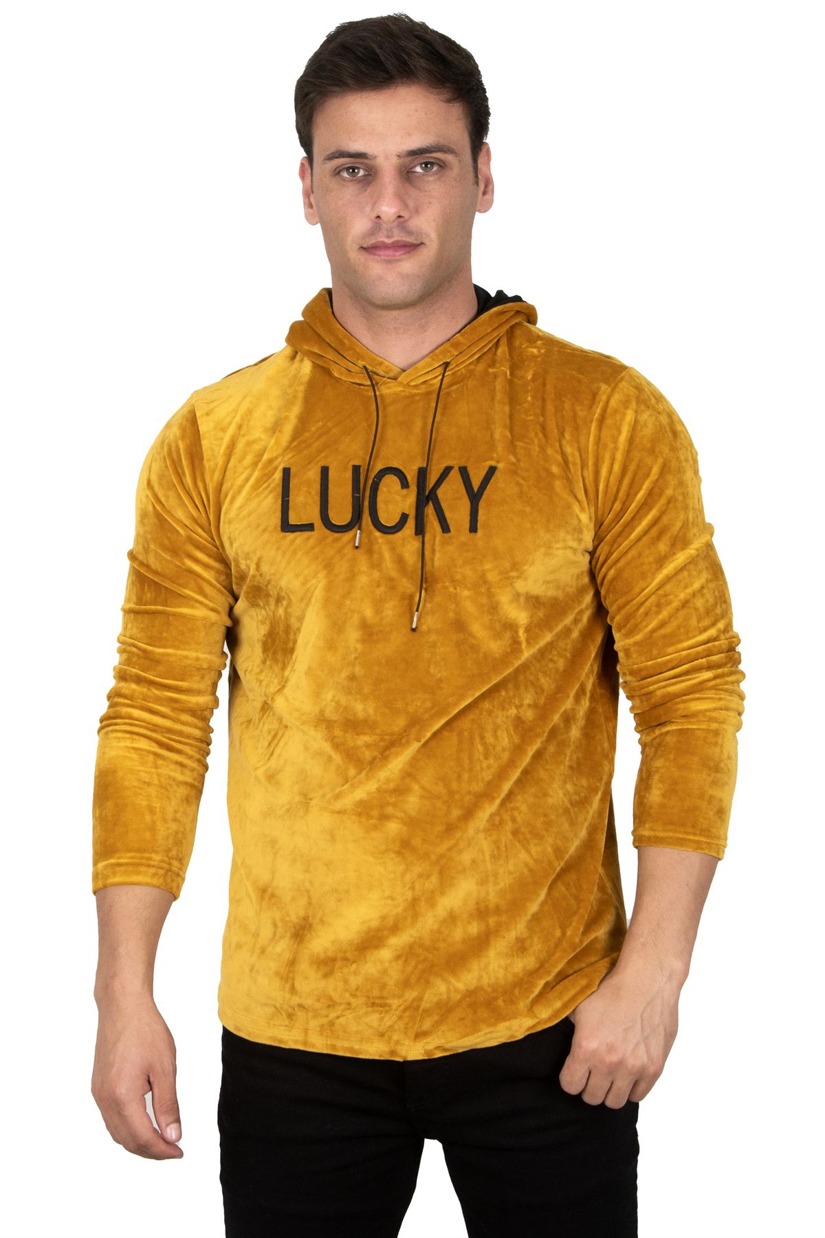 DeepSea Erkek Hardal Sarısı Kadife Lucky Yazı Baskılı Kapüşonlu Sweatshirt 23000414