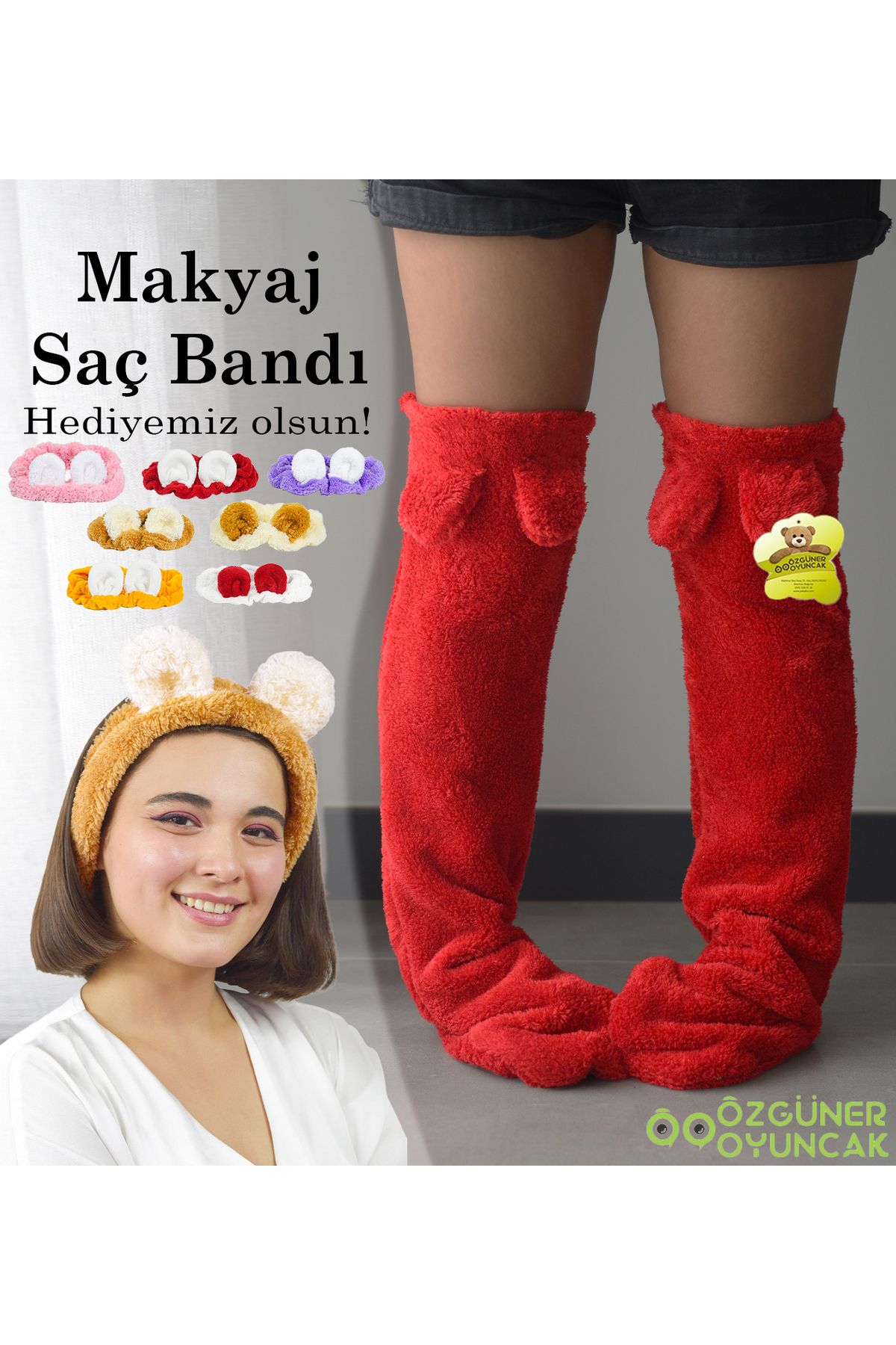 Pandamkee Kulaklı Peluş Çorab Welsoft Diz Üstü Oda Çorabı Kışlık Uyku Çorabı Ayak Isıtıcı Uzun Çorap