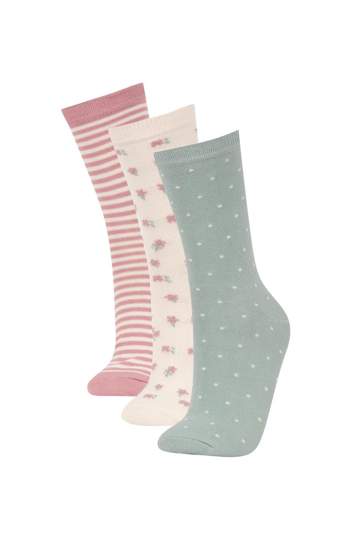 Defacto Kadın Çiçek Desenli 3'lü Pamuklu Uzun Çorap