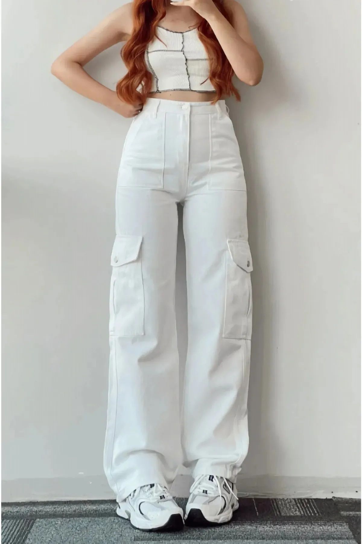 LAMİRA Yüksek Bel Kargo Cepli Beyaz Jeans Kadın Kot Pantolon ( Satıcıya Sorarak Alınız )
