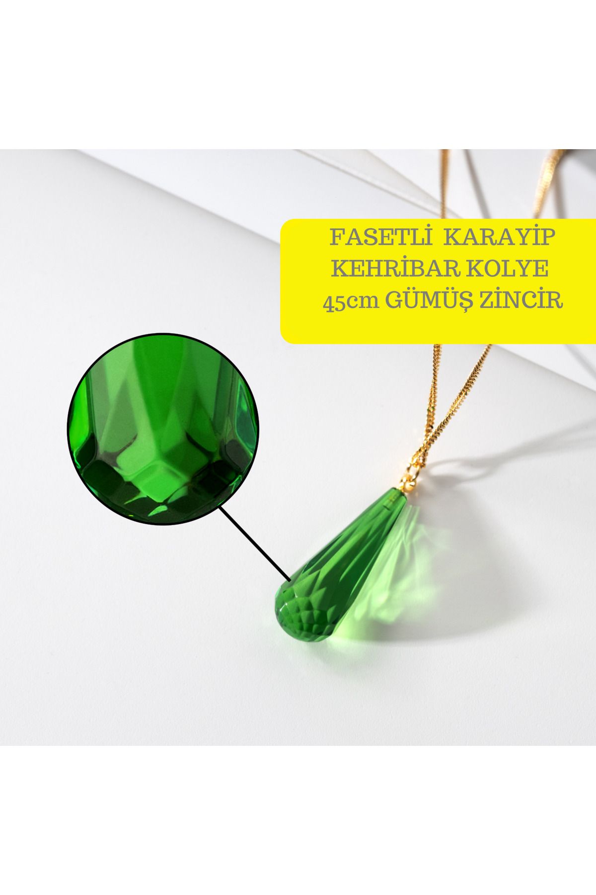 Amber by Mazukna Sertifikalı Karayip Damla Kehribar Kolye,Yeşil Fasetli Damla Kesim Gümüş Altın Kaplama 45cm Zincir