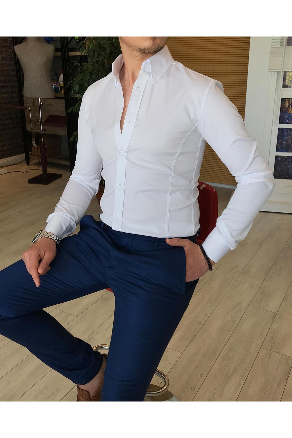 TerziAdemAltun Italyan Stil Slim Fit Dik Yaka Saten Erkek Gömlek Beyaz T4754