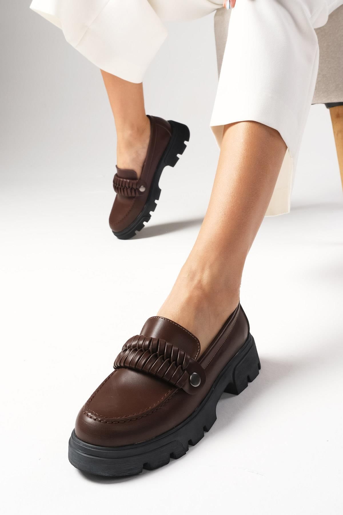 Mio Gusto Judi Kahverengi Kalın Tabanlı Kadın Loafer Ayakkabı
