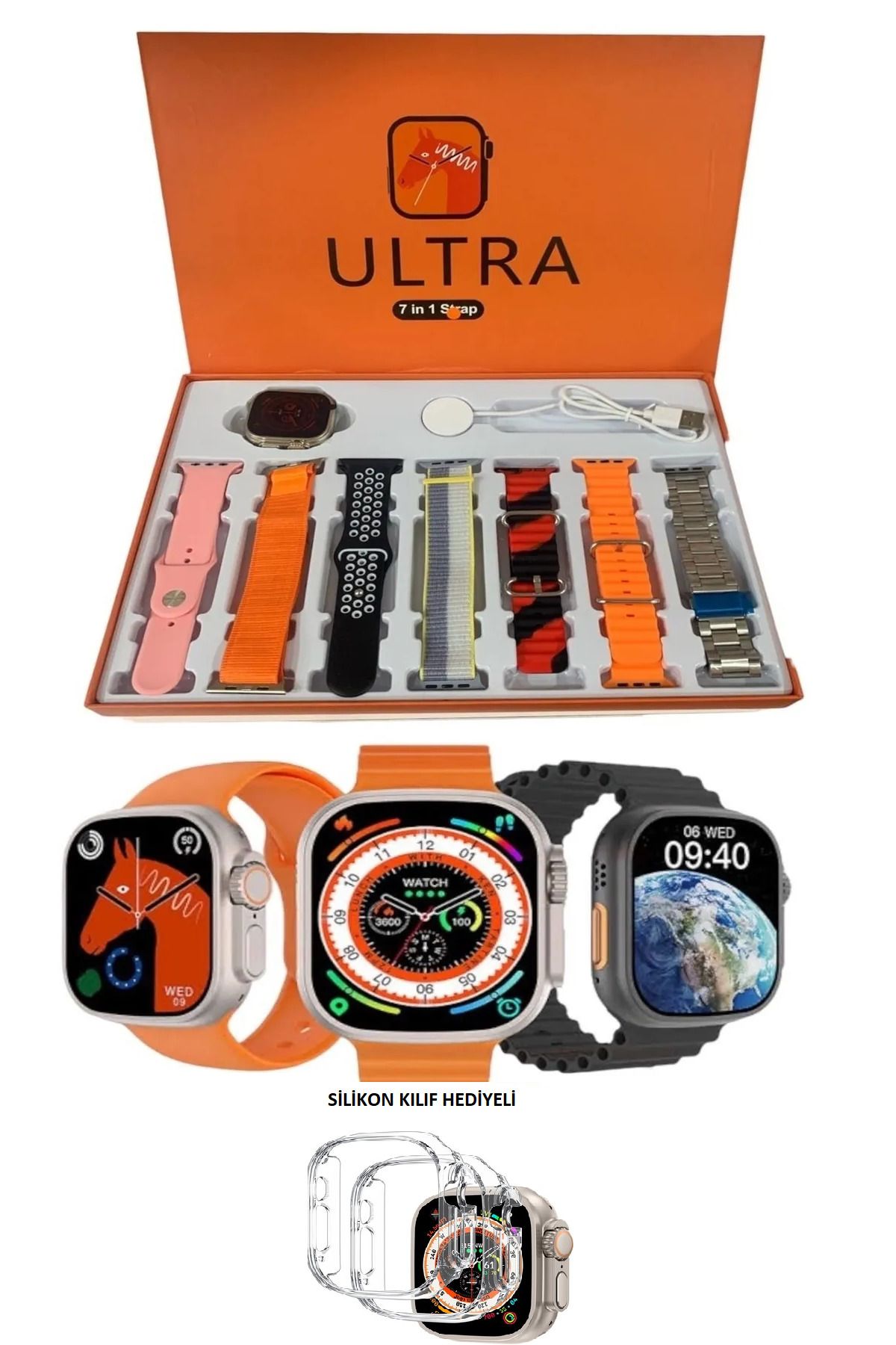Mmctech Smart Watch 8 Ultra 7 In 1 Akıllı Saat 7 Kordonlu Takvim Spor Whatsapp Menülü