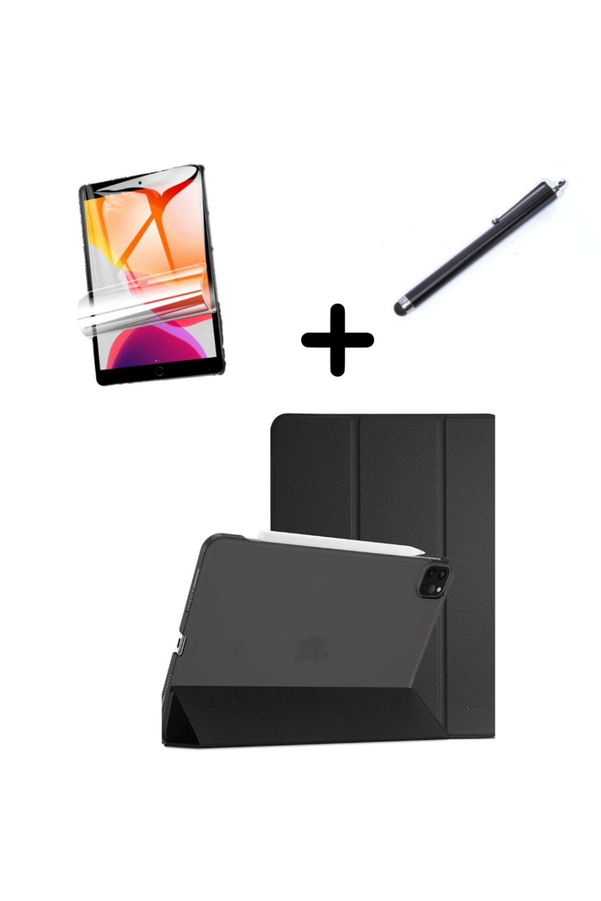 UnDePlus Apple Ipad Pro 11 4. 3. 2. 1. Nesil Kılıf Set Pu Deri Smart Tablet Kilif Ekran Koruyucu Kalem Siyah