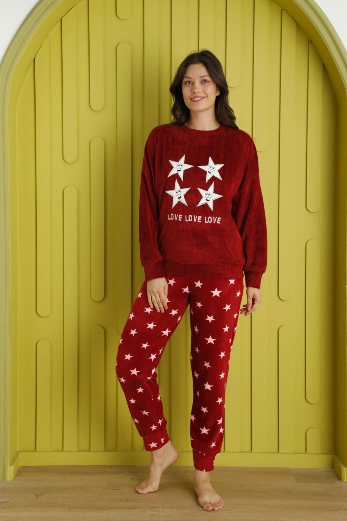 Mossta Yıldız Desenli Kadife Pijama Takımı Kırmızı