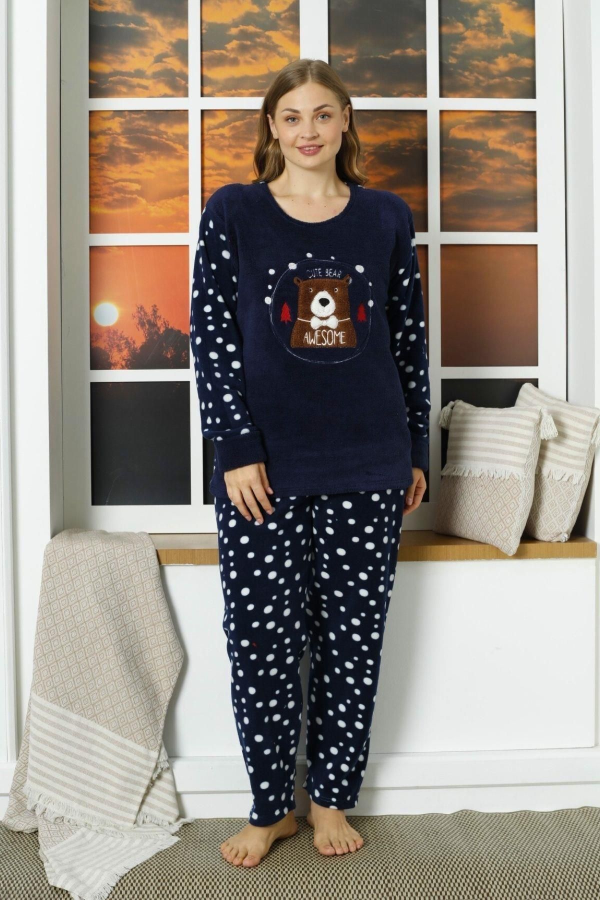 Mossta Awesome Bear Puantiyeli Polar Büyük Beden Pijama Takımı Lacivert