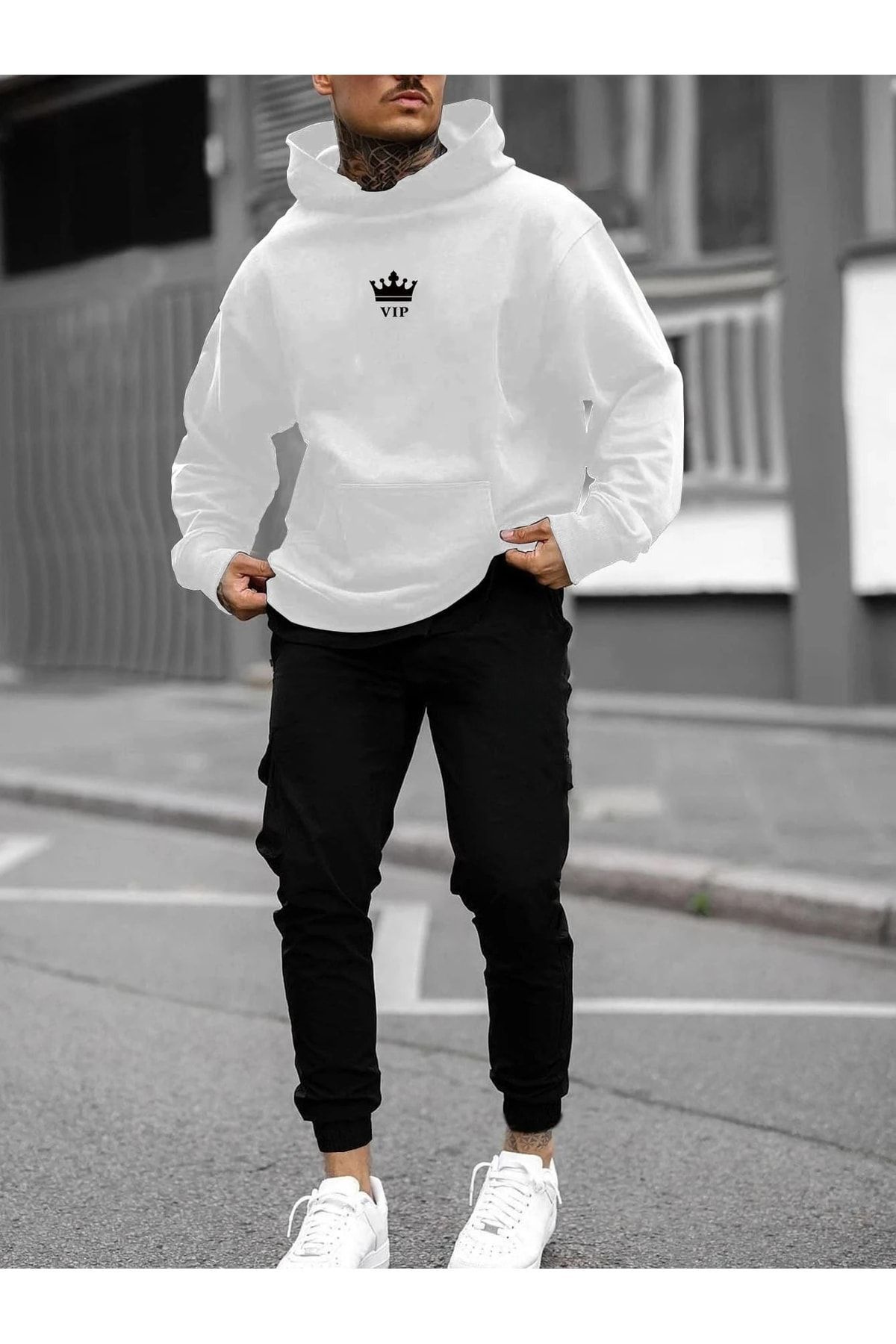 CLAYES Vip Eşofman Takımı Beyaz Sweatshirt Siyah Jogger - Baskılı Oversize Şardonlu Kapüşonlu