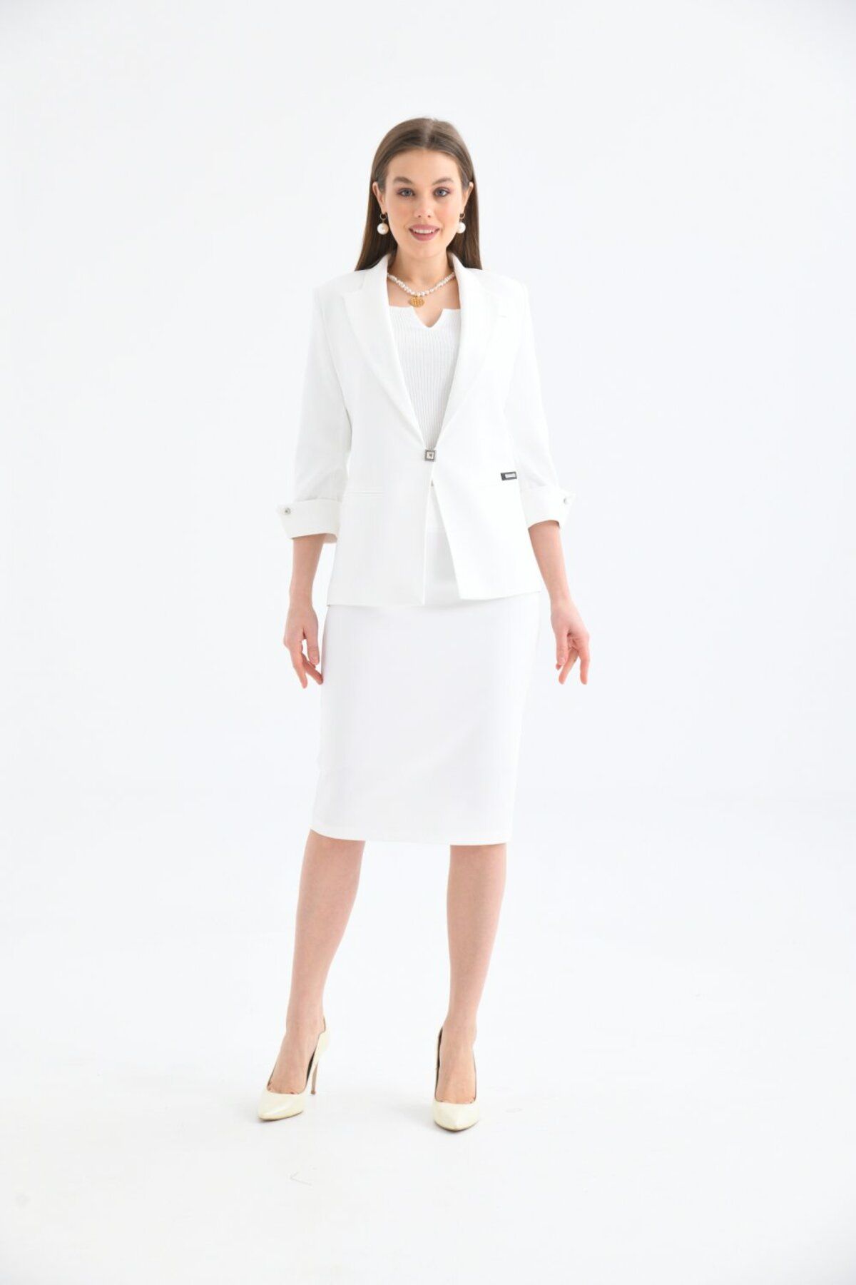 nodilife Kol Detay Etekli Takım Elbise Beyaz