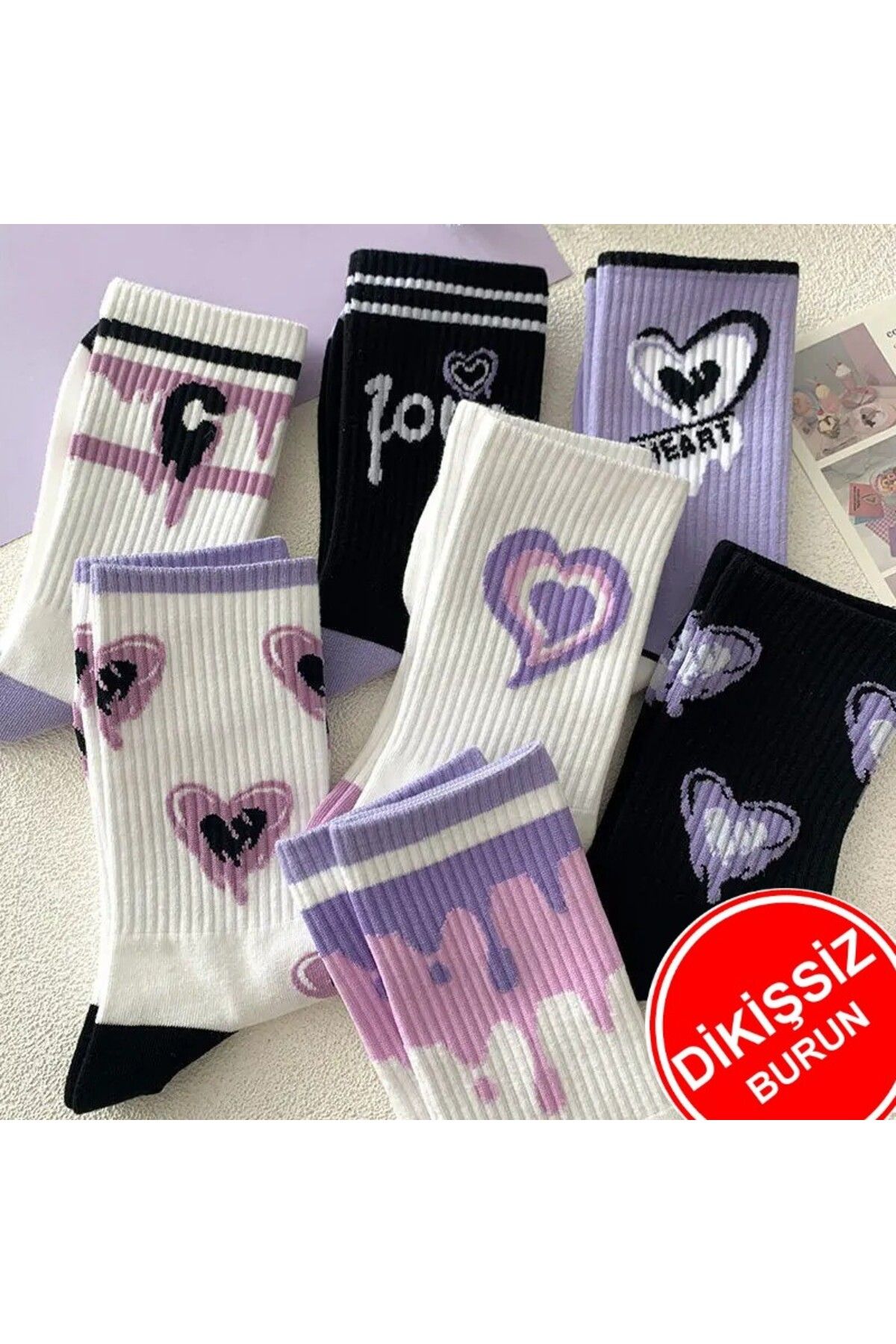 çorapmanya 7 Çift Dikişsiz Kadın Çok Renkli Aşk / Kalp Desenli Kolej Çorap