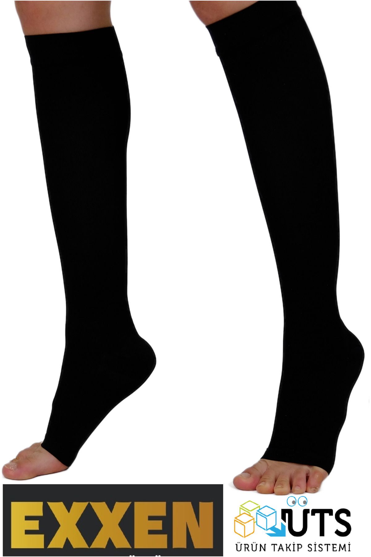 Exxen  Diz Altı Burnu Açık Ccl2 Orta Basınçlı Siyah Renk Çorabı (ÇİFT BACAK) Elit Seri
