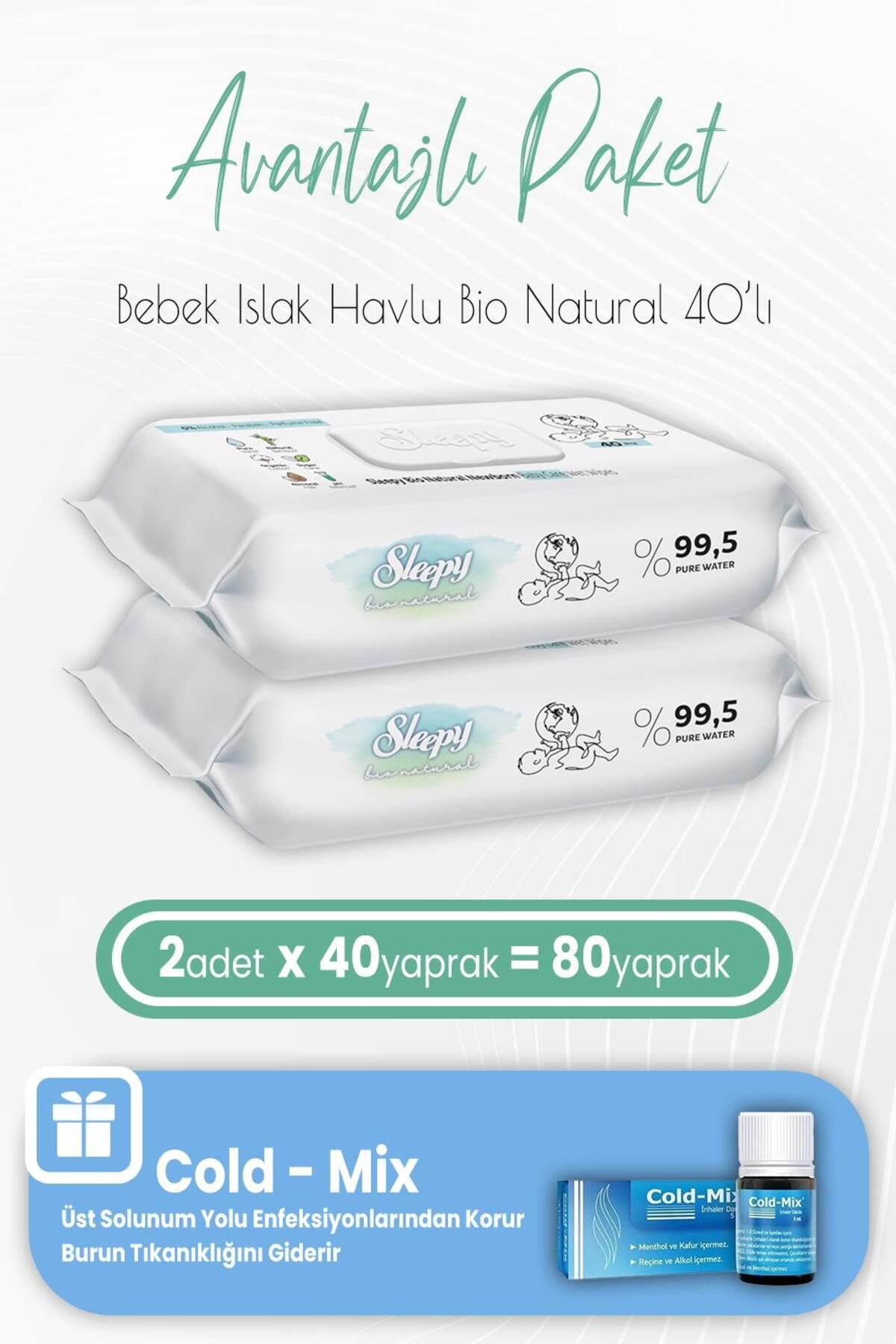 Sleepy Bio Natural Yenidoğan Islak Havlu 40'lı x 2 Adet ve Cold-Mix 5 ml (Mavi)
