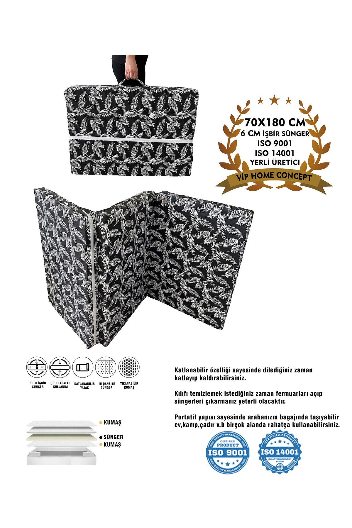 Vip Home Concept Market Ürünleri Katlanır Yer Yatağı Sünger Yatak Siyah Tüylü 70x180 Cm-6 Cm Tek Kişilik
