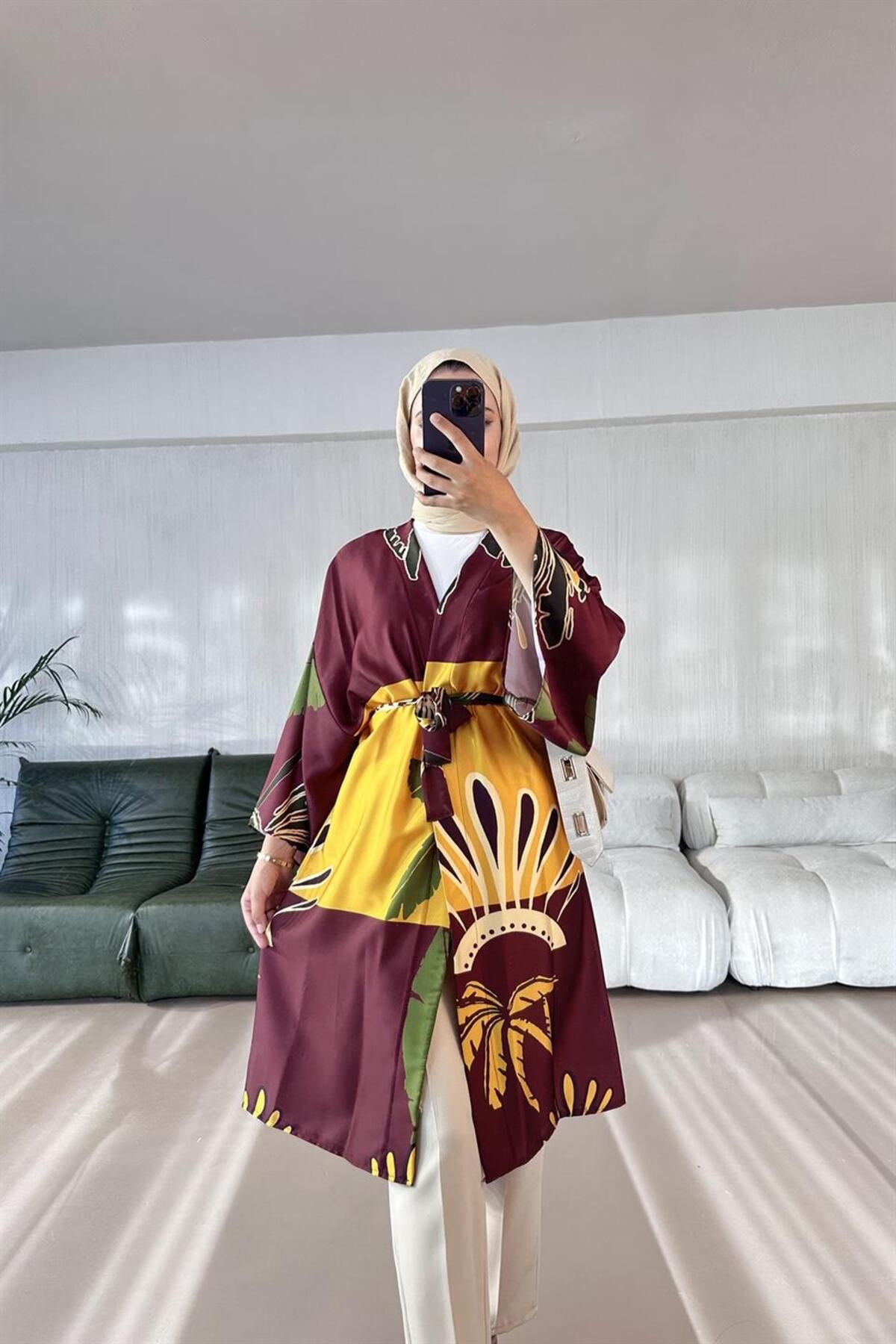 sawosh Yaprak Desenli Dream Kimono BORDO
