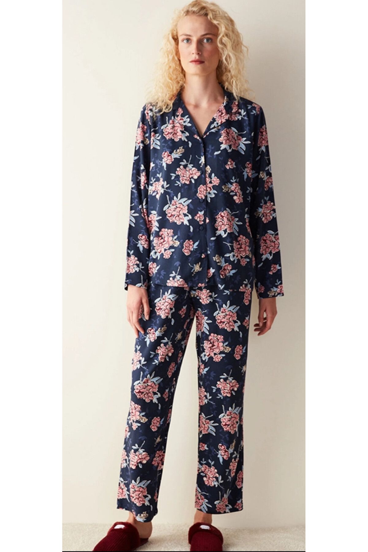 Penti PENTİ Concept Çiçek Desenli Gömlek Pantolon Lacivert Pijama Takımı