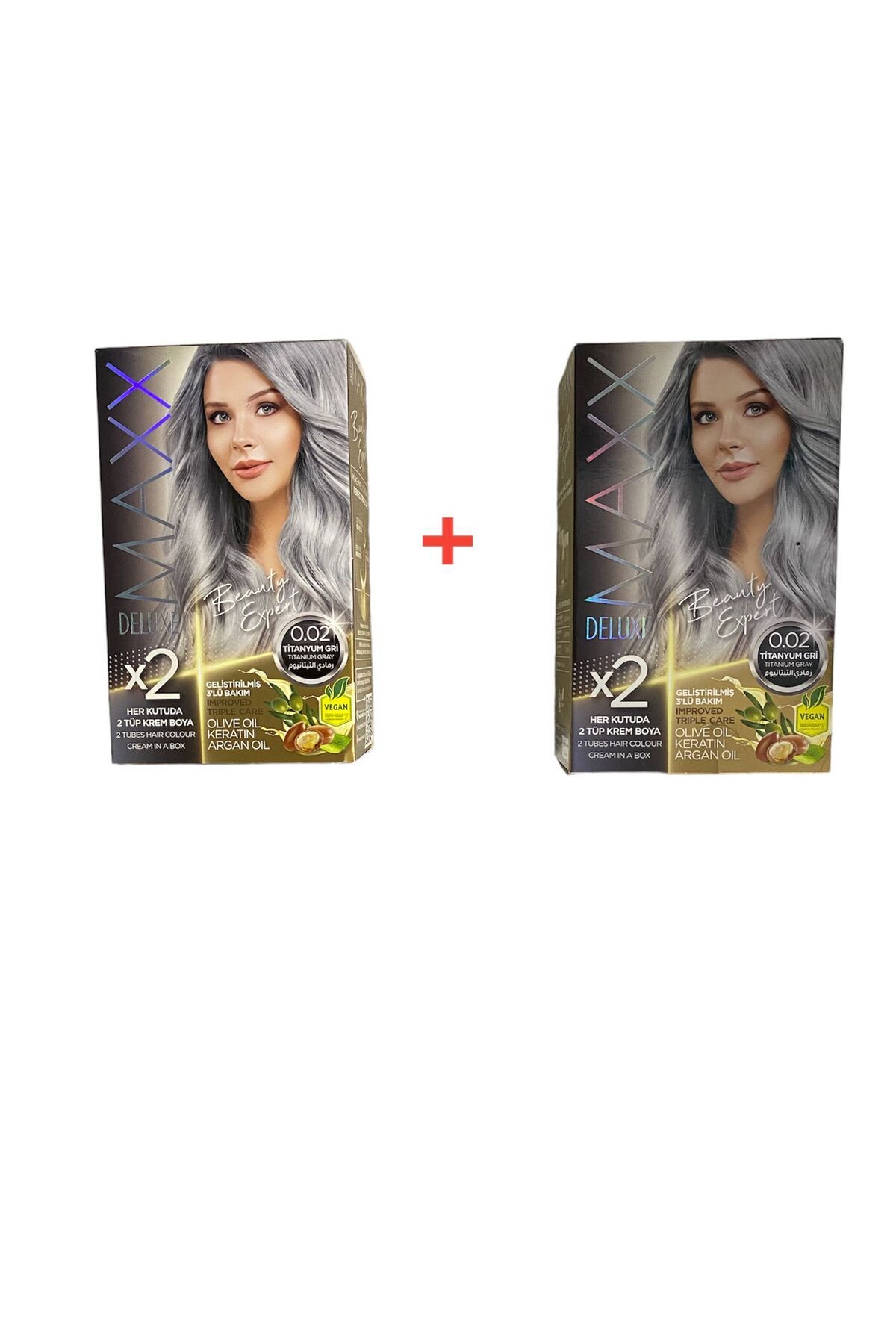MAXX DELUXE Saç boyası seti no:0,02 renk:titanyum gri (4 adet boya+4 adet oksidan+2çift eldiven)