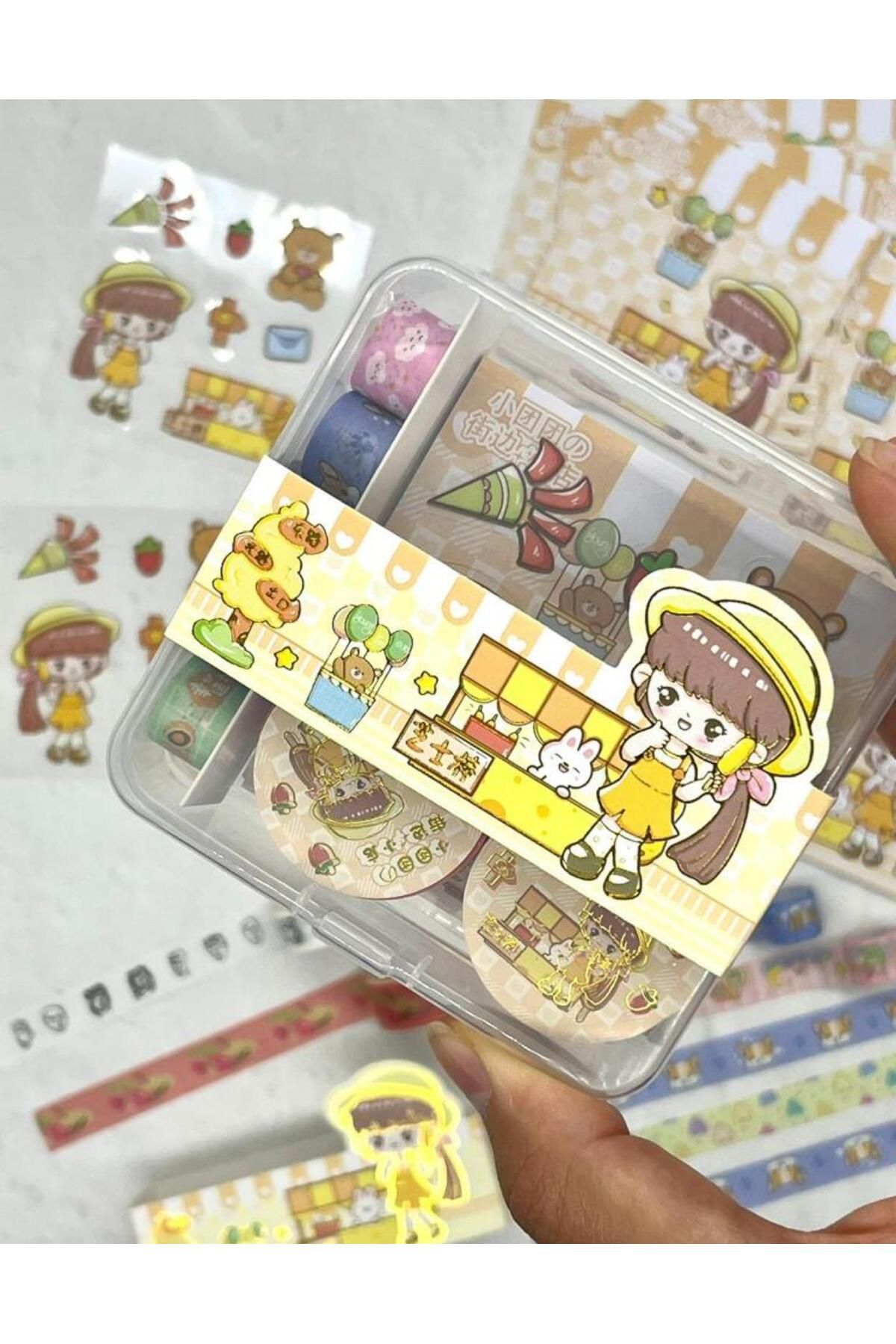 Kağıt Gemi Dükkan Sevimli Kız ve Tavşancık Sarı Post-it, Sticker, Washi Bant Kutulu Set / Washi Tape / Bullet Journal