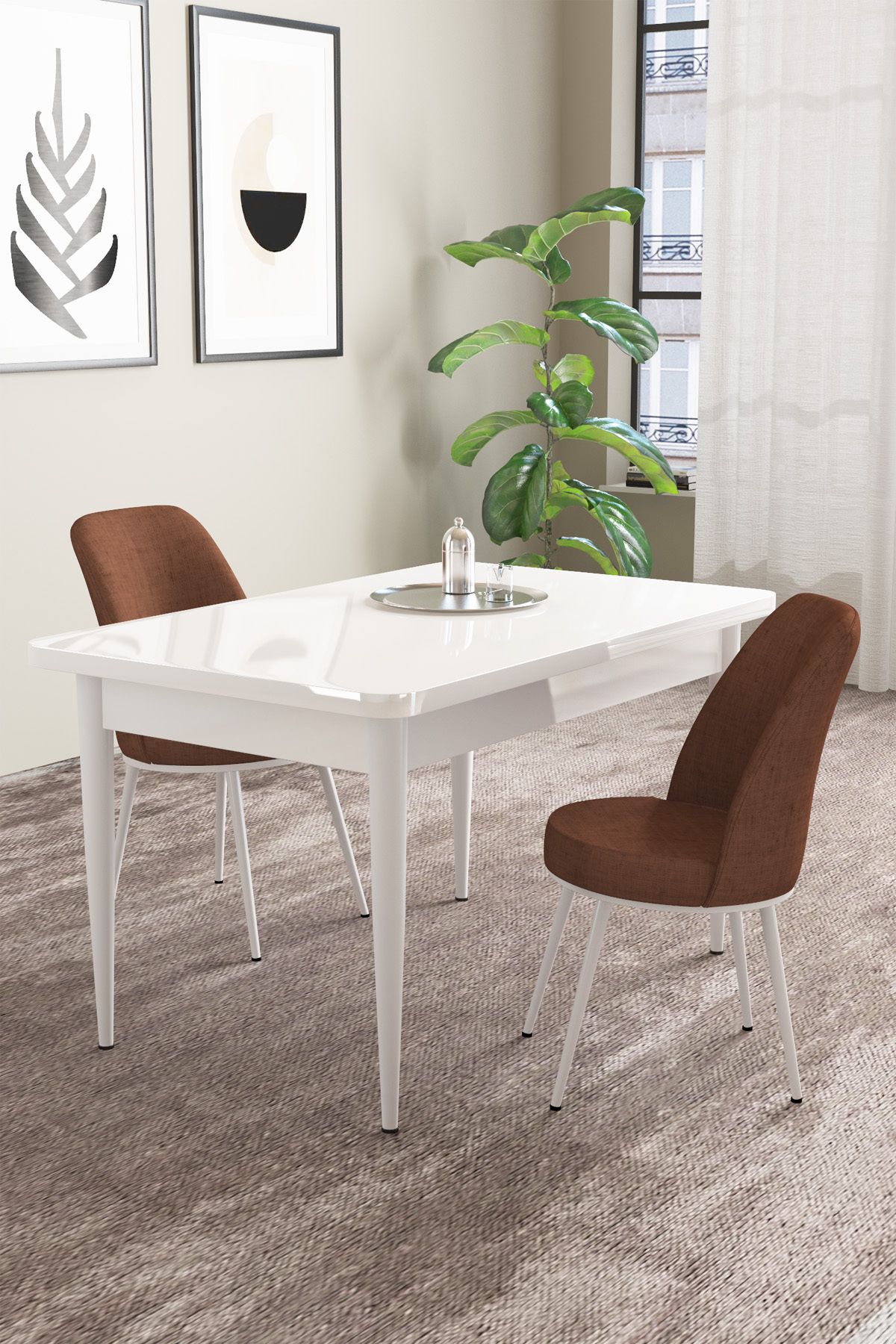 hoopsii Emila Beyaz Desen 70x110 Sabit Mutfak Masası 2 Adet Sandalye