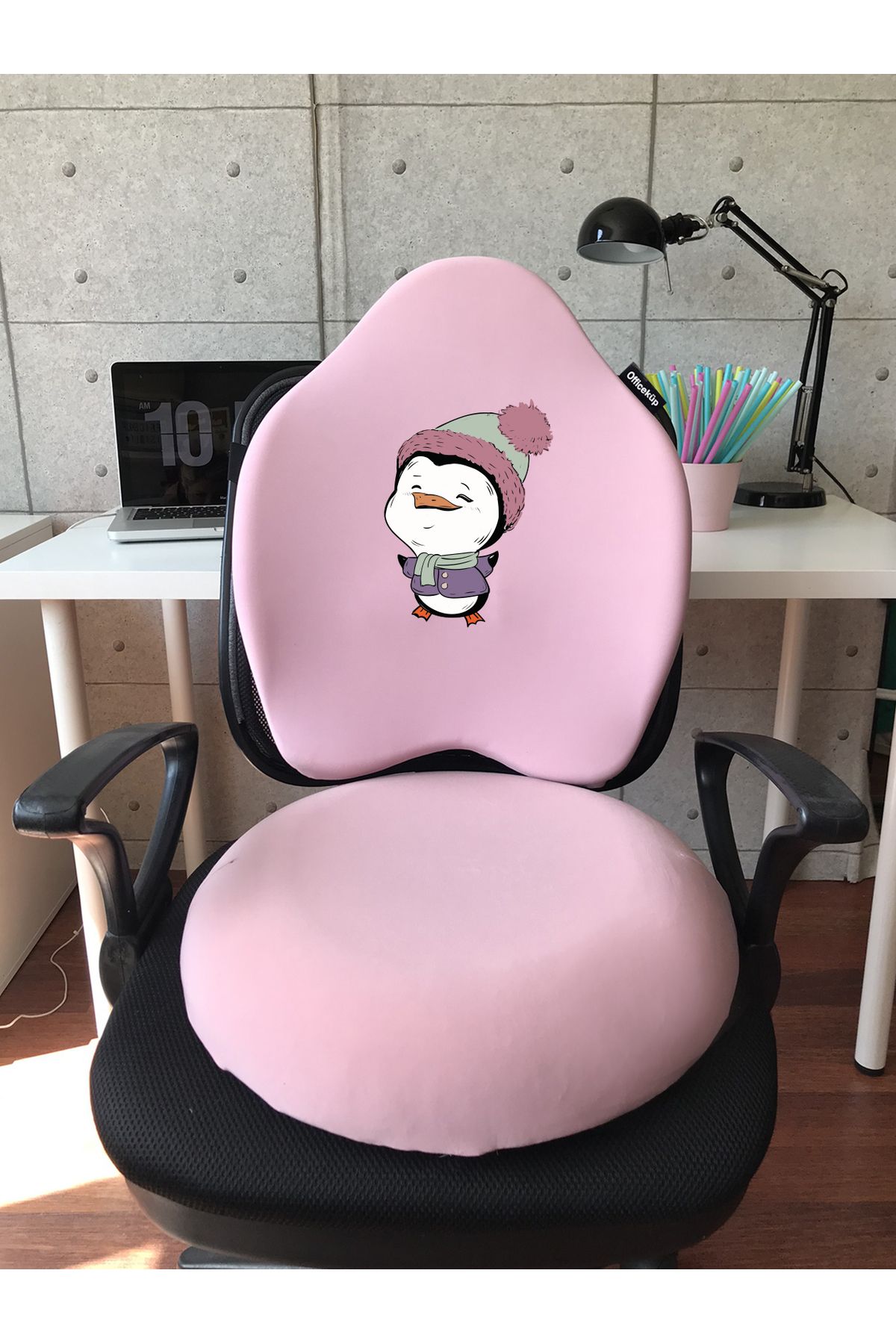 Officeküp Visco Gamer Oyuncu Bel Yastığı ve Yuvarlak Oturma Minderi 2'li Set Pembe Pinguuu