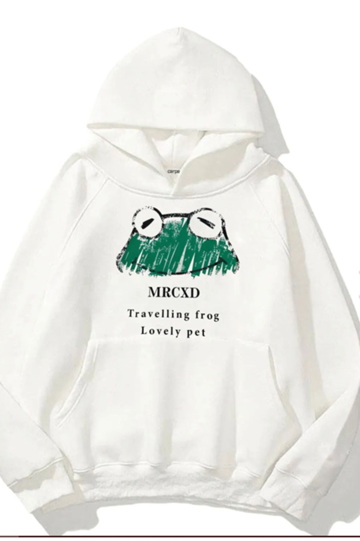 BROOD's Kapüşonlu Kışlık 3 İplik Travelling MRCXD Frog Baskılı Beyaz Oversize Sweatshirt 3BRO's009