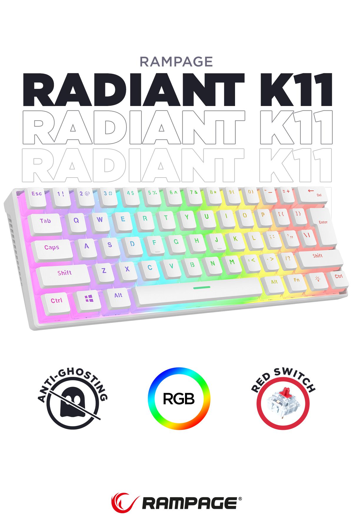 Rampage Radiant K11 Beyaz Type-c Bağlantı RGB Puding Tuş Mekanik Red Switch US Gaming Oyuncu Klavye