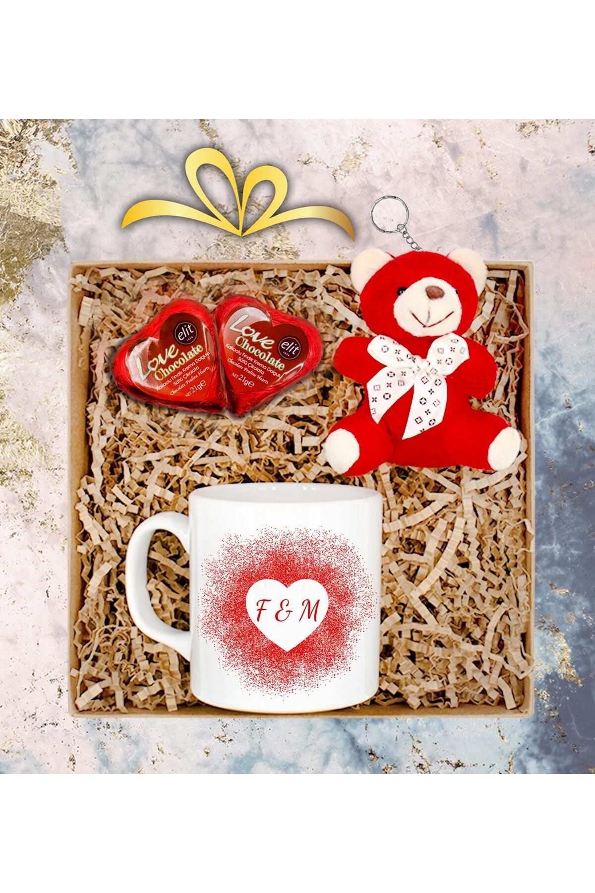 İlgimi Çekiyor Kişiye Özel Baskılı Beyaz Kupa & Kırmızı Ayıcıklı Anahtarlık & 2li Kalp Çikolata