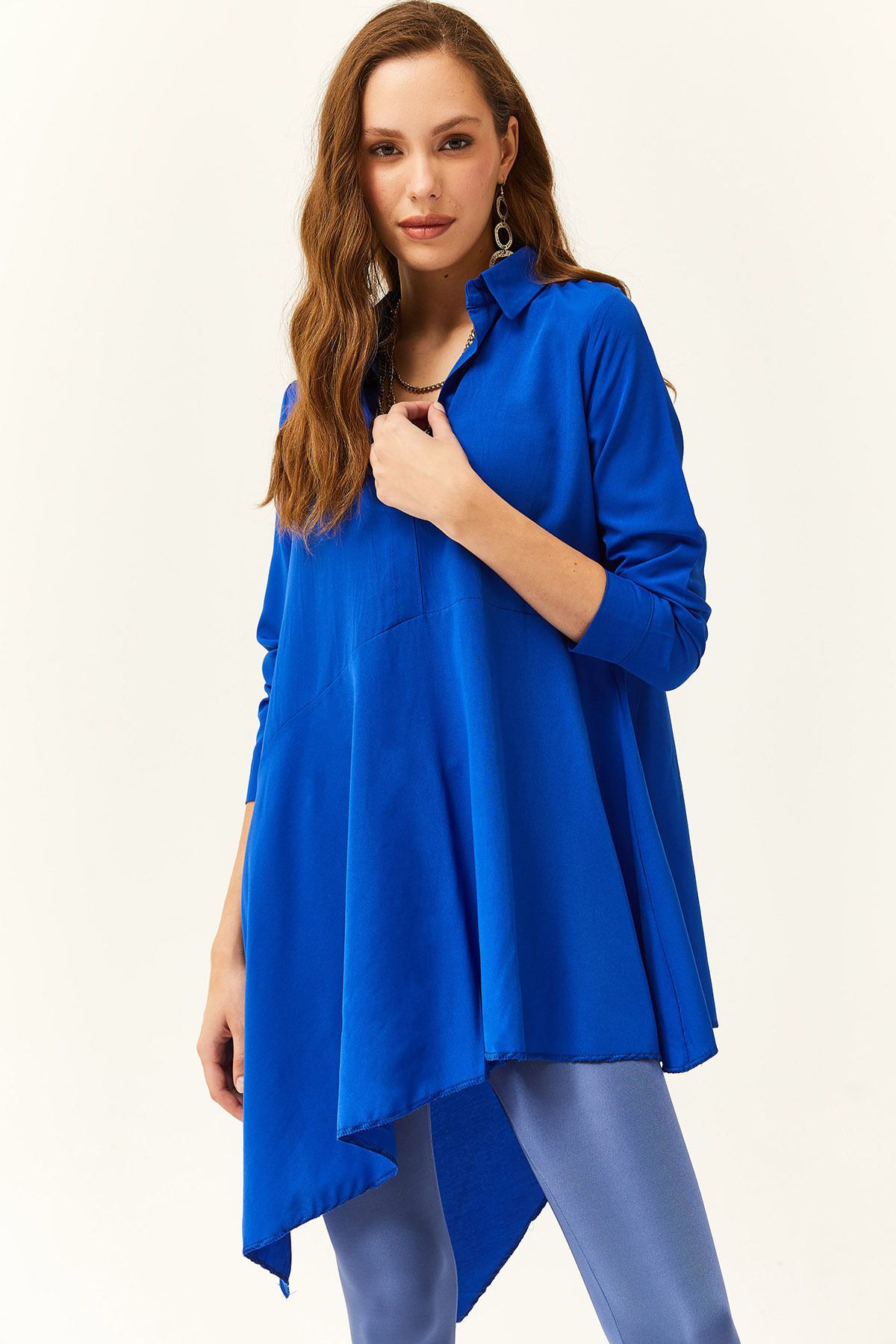 Olalook Kadın Saks Mavi Gömlek Yakalı Asimetrik Tunik