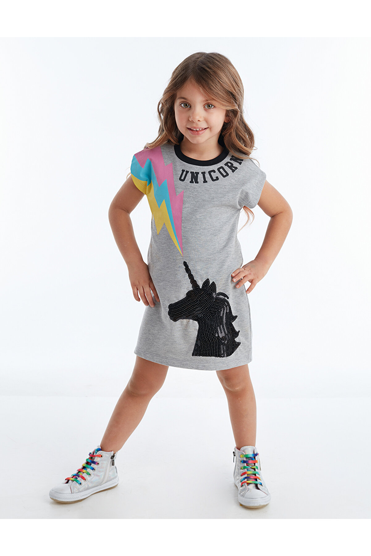 MSHB&G Gri Unicorn Kız Çocuk Elbise