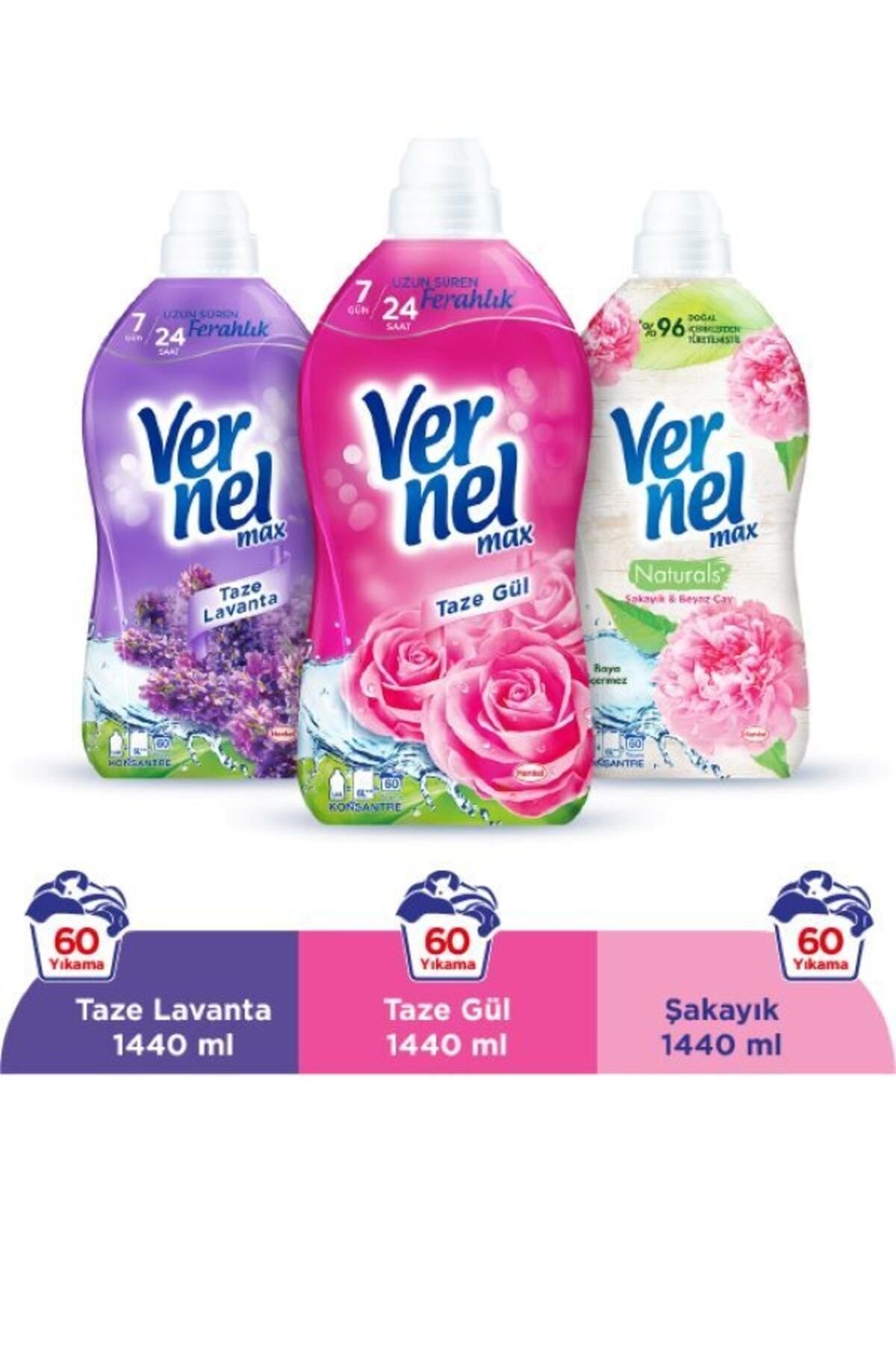 Vernel Max Konsantre Çamaşır Yumuşatıcısı 3 x 1440ml (180 Yıkama) Taze Gül + Taze Lavanta + Şakayık