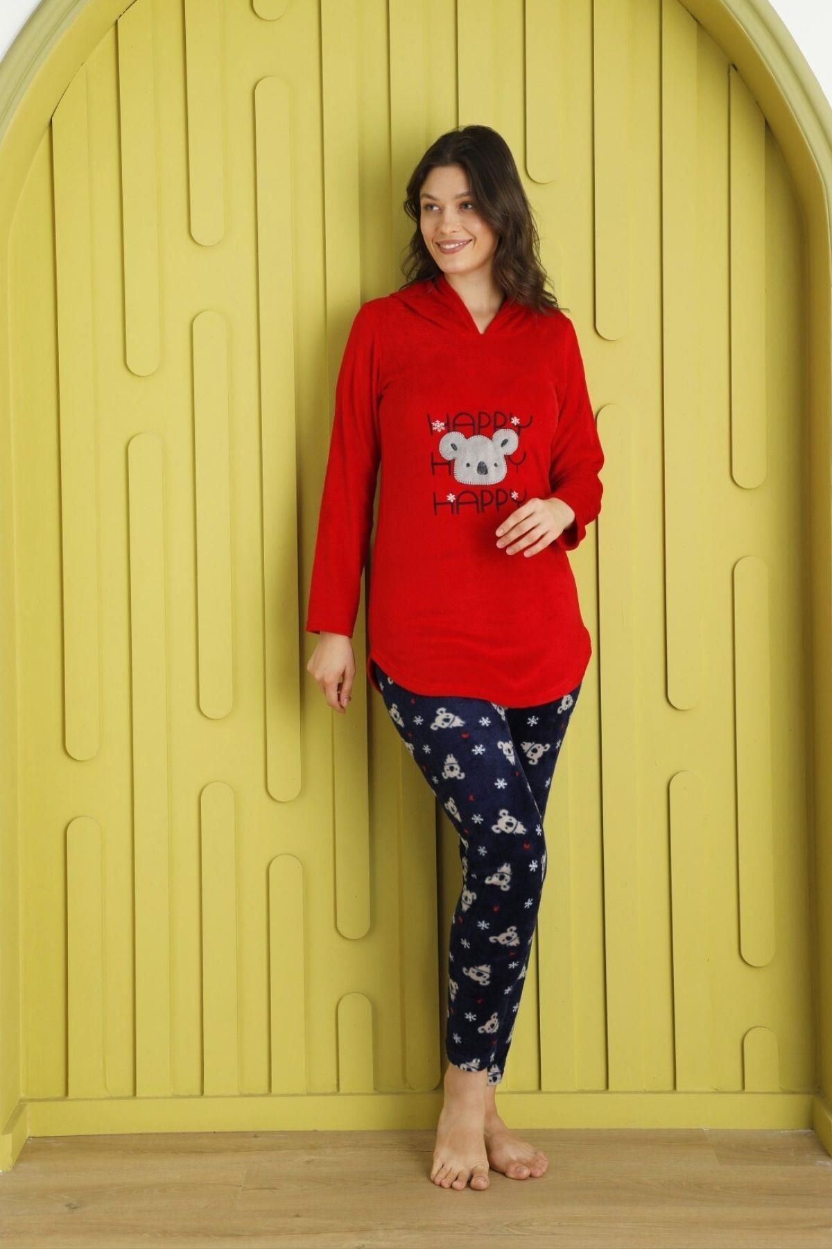 Mossta Koala Desenli Kapüşonlu Kadife Pijama Takımı Kırmızı