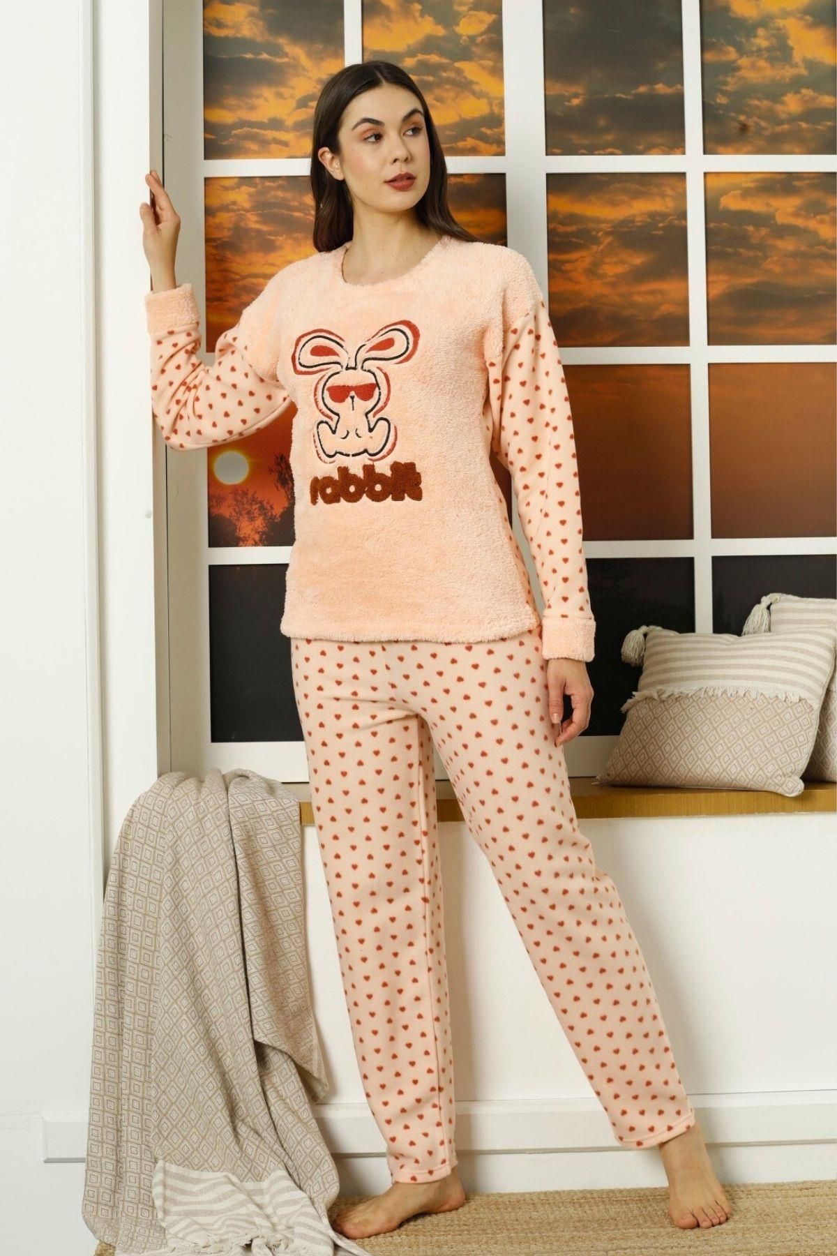 Mossta Rabit Kalp Desenli Polar Pijama Takımı Pembe
