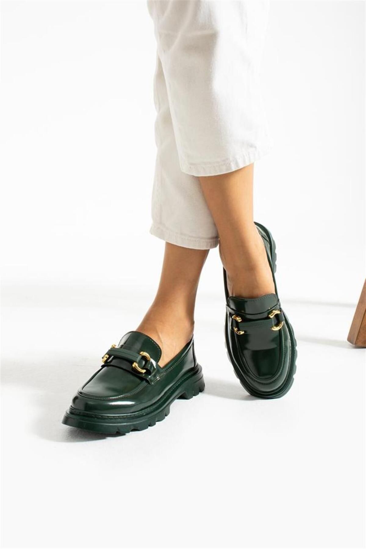 Yula Fashion Shoes Tokalı Haki Cilt Loafer Ayakkabı