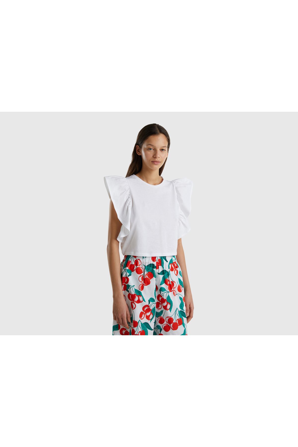United Colors of Benetton Kadın Beyaz %100 Koton Omzu Fırfırlı Kolsuz T-Shirt
