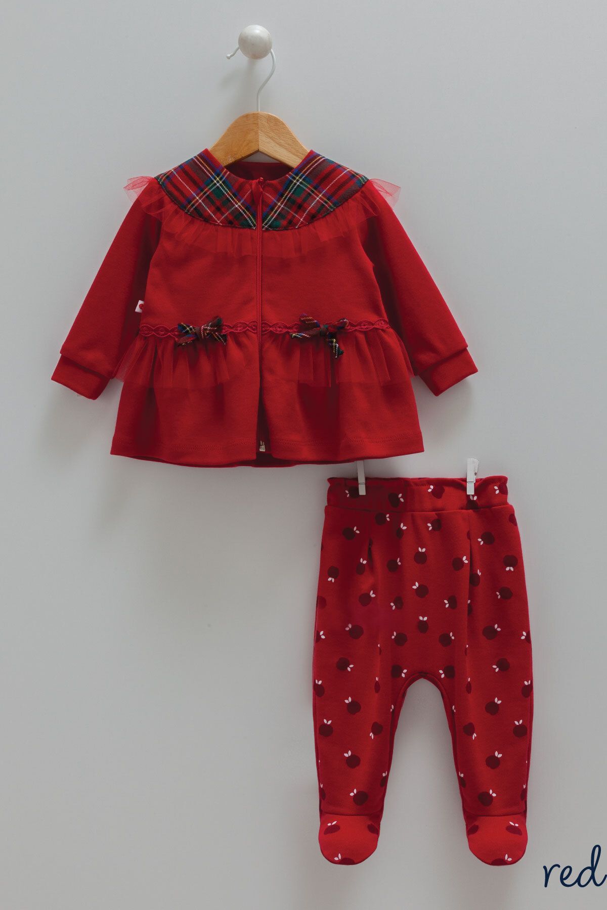 Caramell Yılbaşı Temalı Kırmızı Bebek Takımı Fermuarlı Hırka-Patikli Kırmızı Pantolon Noel Kostümü