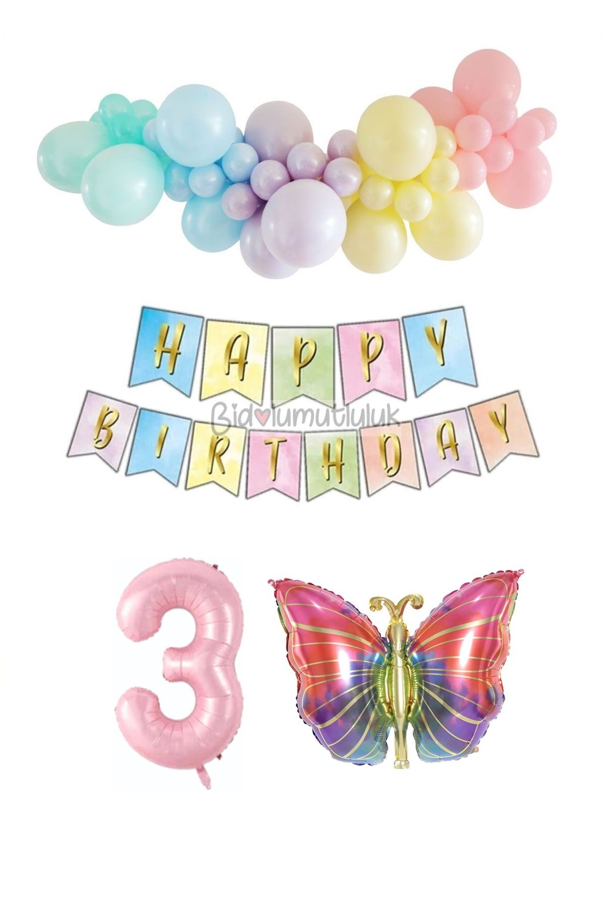 BİDOLUMUTLULUK Kelebek Folyo Balonlu Doğum Günü Seti Pembe Rakam Balonlu