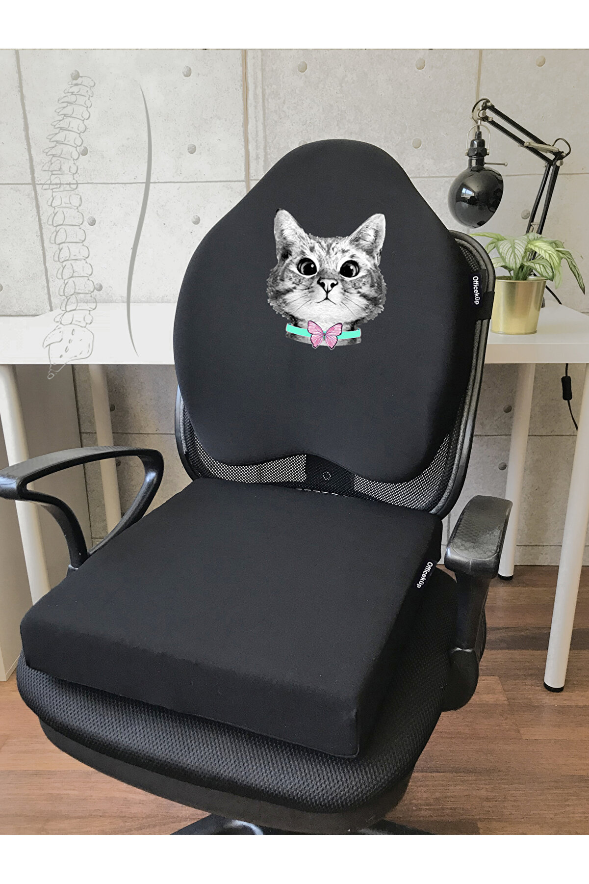 Officeküp X-Large Visco Gamer Bel Yastığı ve Oturma Minderi 2'li Set Siyah Kedi