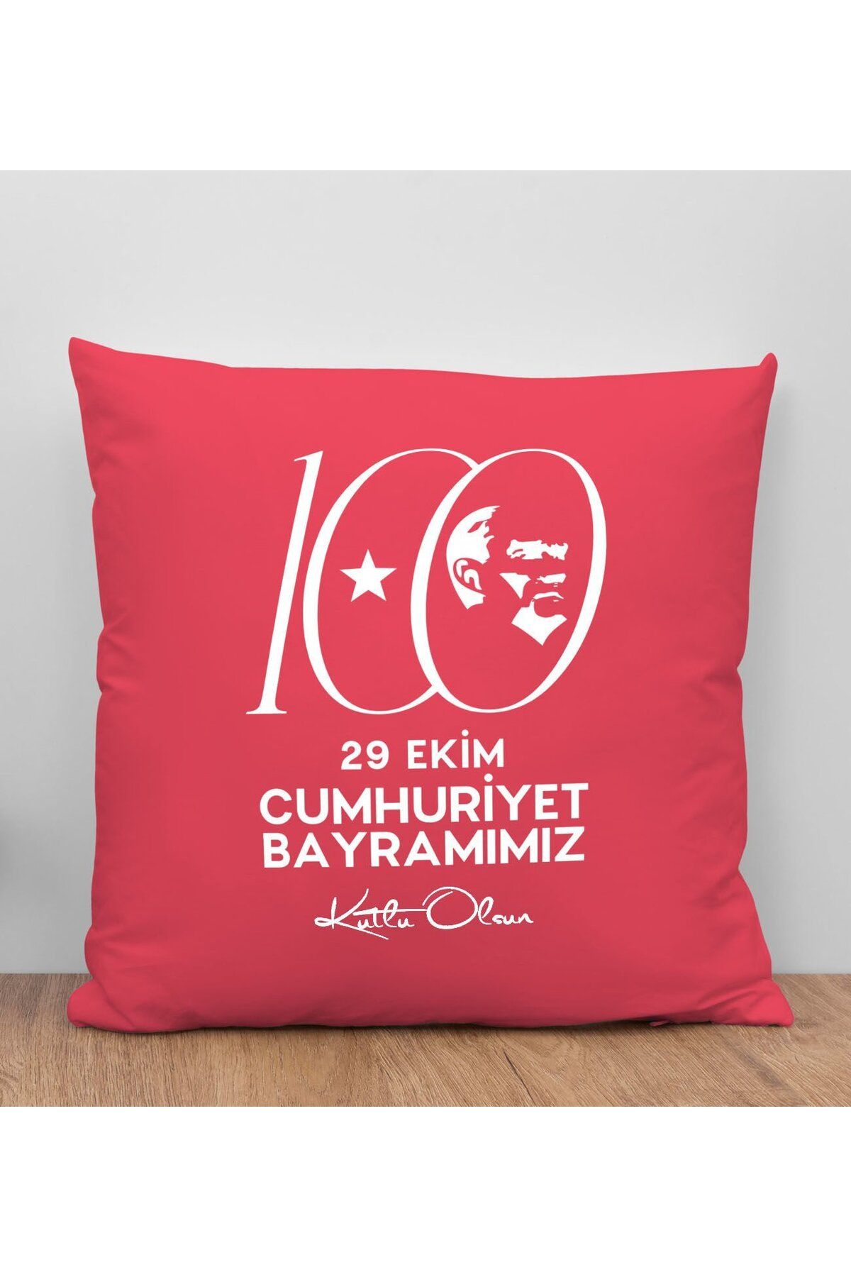 Bk Gift 100. Yıl Hatırası Premium Kumaş Kırmızı Kırlent Yastık-3, 29 Ekim Hediyesi, Cumhuriyet Bayra