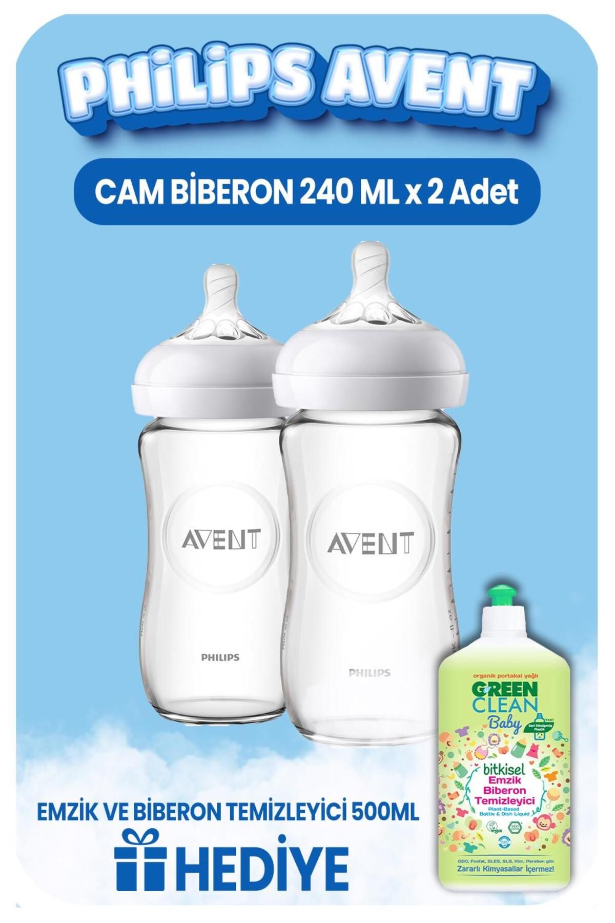 Philips Avent Cam Biberon 1m+ 240 Ml X 2 Adet, Emzik Temizleyici Hediye