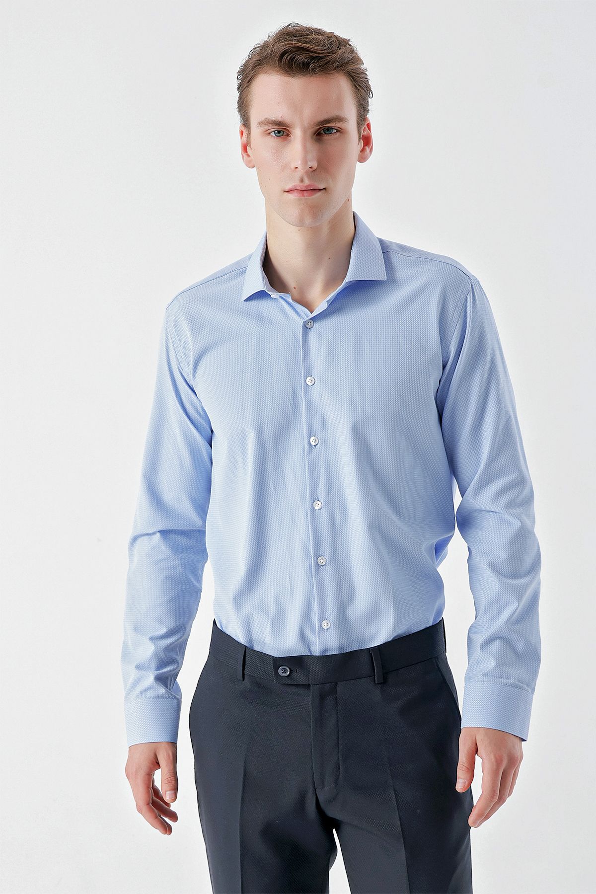 Morven Erkek Mavi Trend Baskılı Desenli İtalyan Yaka Slim Fit Gömlek