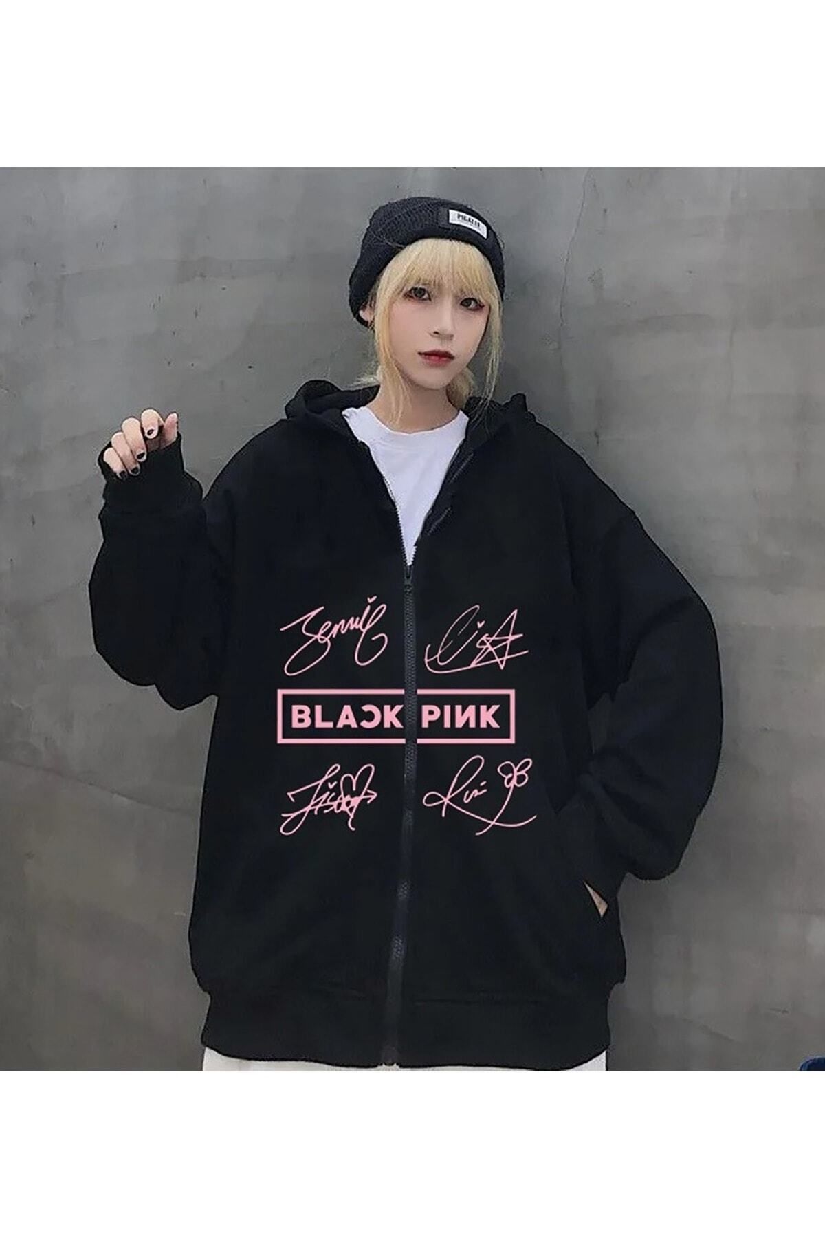 GALASHOP Blackpink İmza Baskılı Siyah Fermuarlı Kapüşonlu Sweatshirt