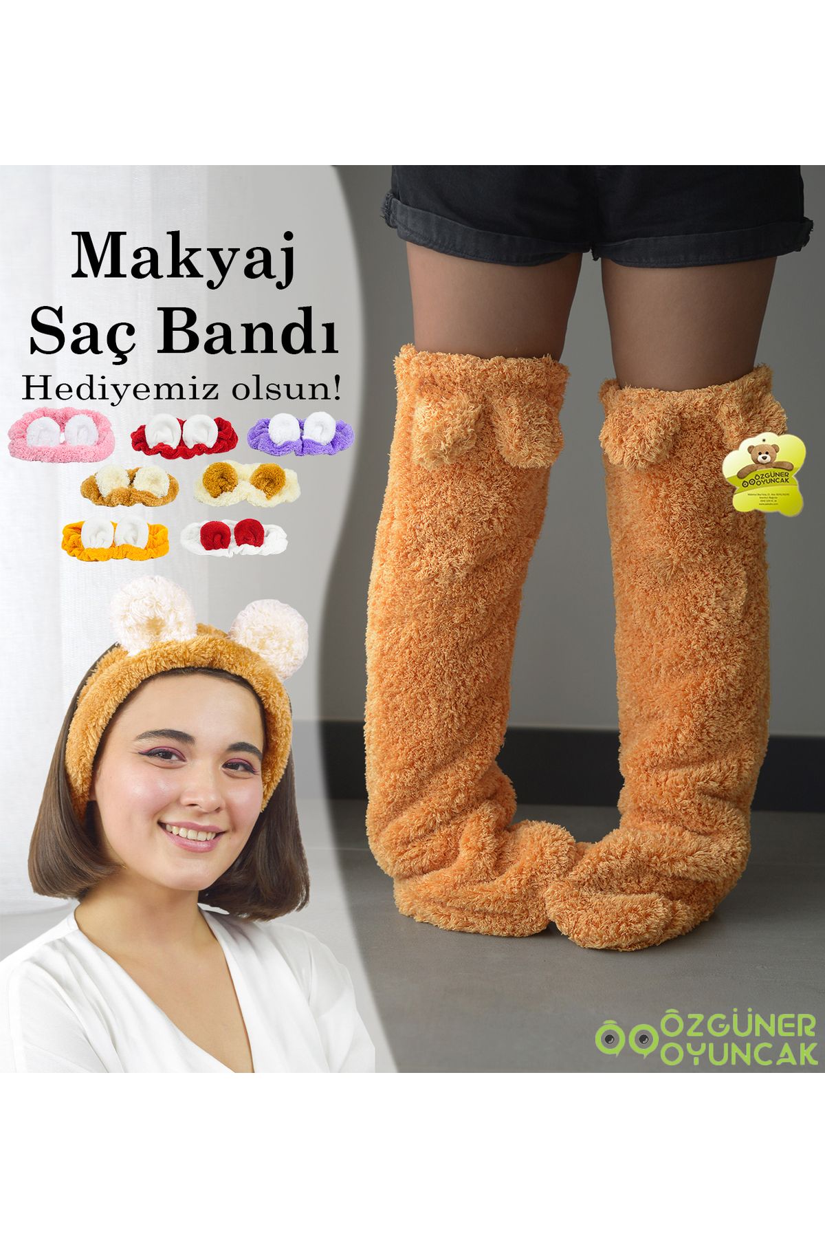 Pababo Kulaklı Peluş Çorab Welsoft Diz Üstü Oda Çorabı Kışlık Uyku Çorabı Ayak Isıtıcı Uzun Çorap