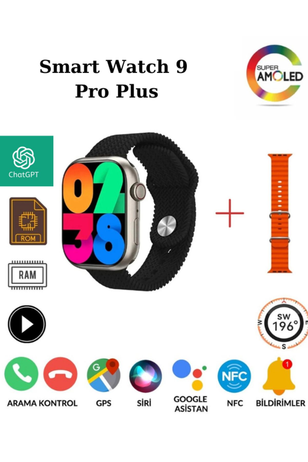 Teknoloji Gelsin Smart Watch 9 Pro Plus Amoled Ekran Yeni Versiyon Gelişmiş Işletim Sistemi Adımsayar Nabız Ölçer